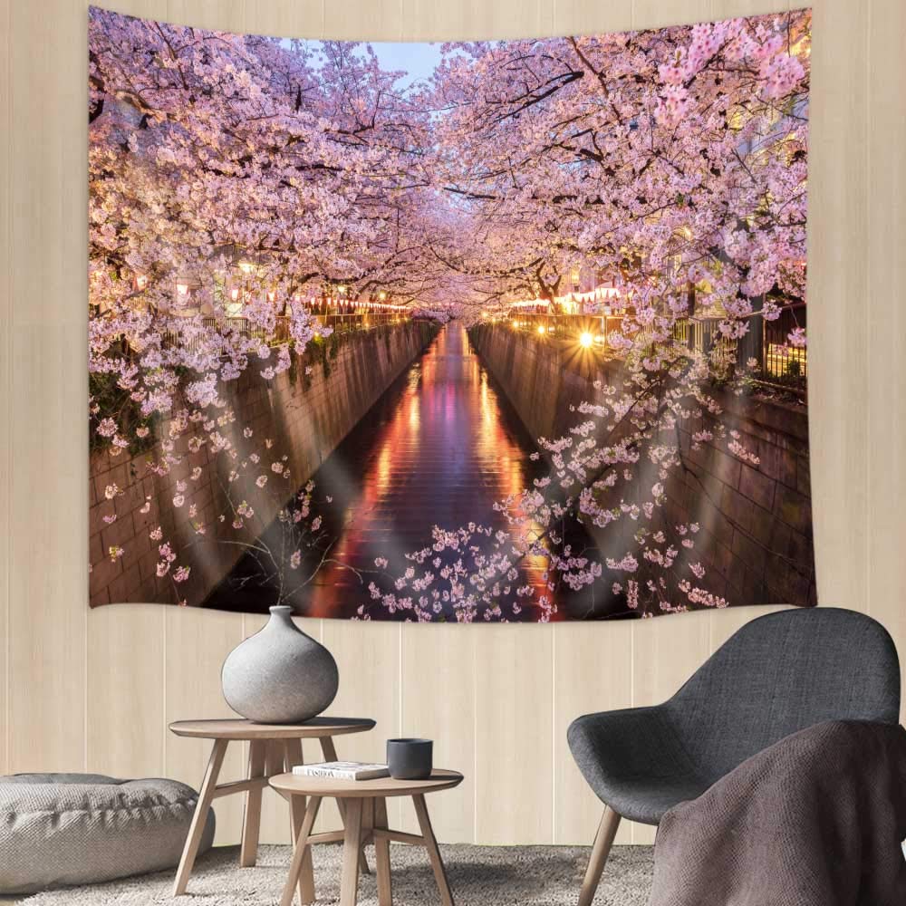 Japanese Tapestry, Japan Tokyo Cherry Blossoms Tapestry, 71X60Inch, Japan Blossom Cherry Sakura Tunnel Wall Tapestry, Romantic Floral Tree Tapestry for Bedroom Living Room