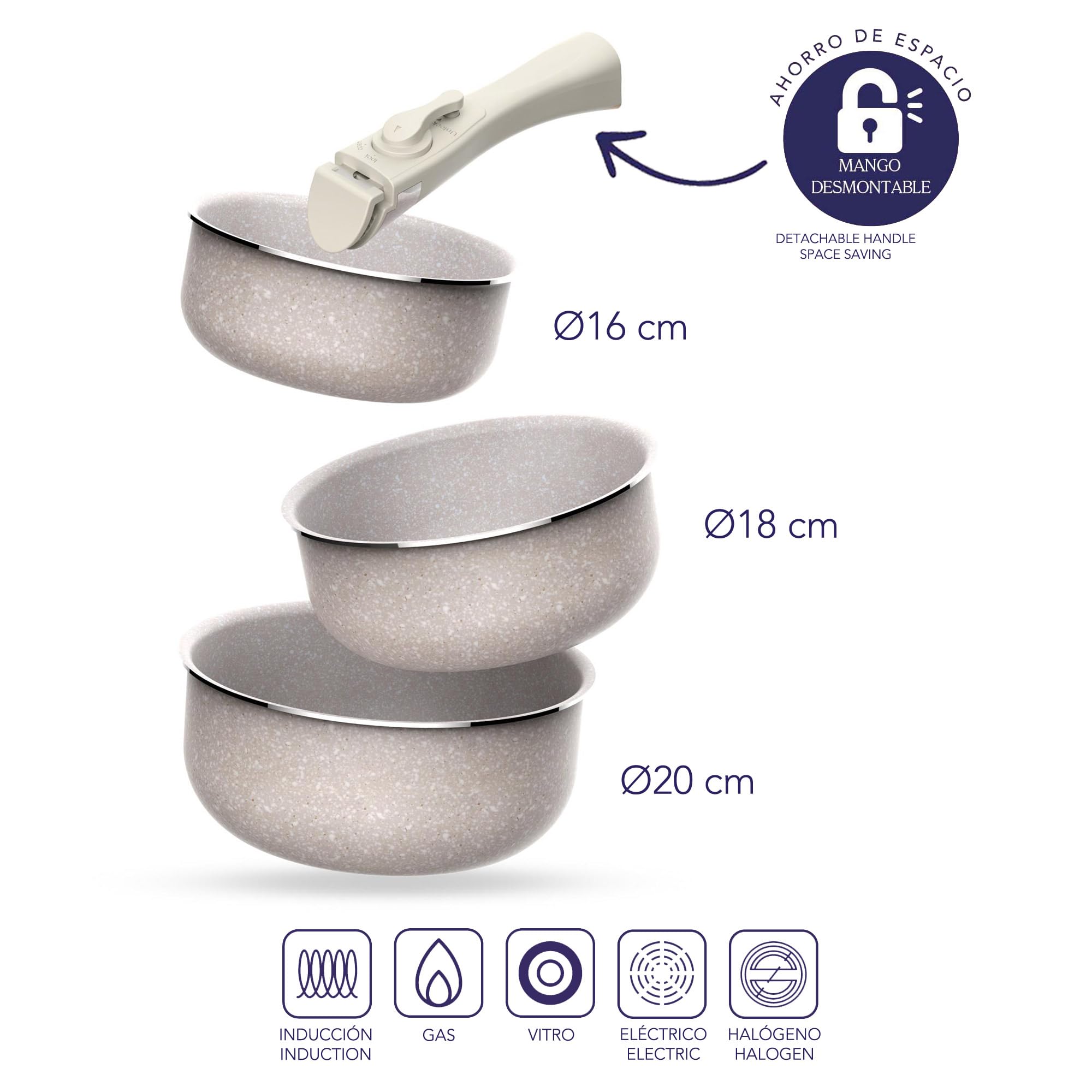 Juego de 5 pcs: 2 Sartenes Ø24Ø28cm y 3 Cacerolas Ø16Ø18Ø20cm en aluminio prensado con revestimiento ILAG con 2 mangos extraibles