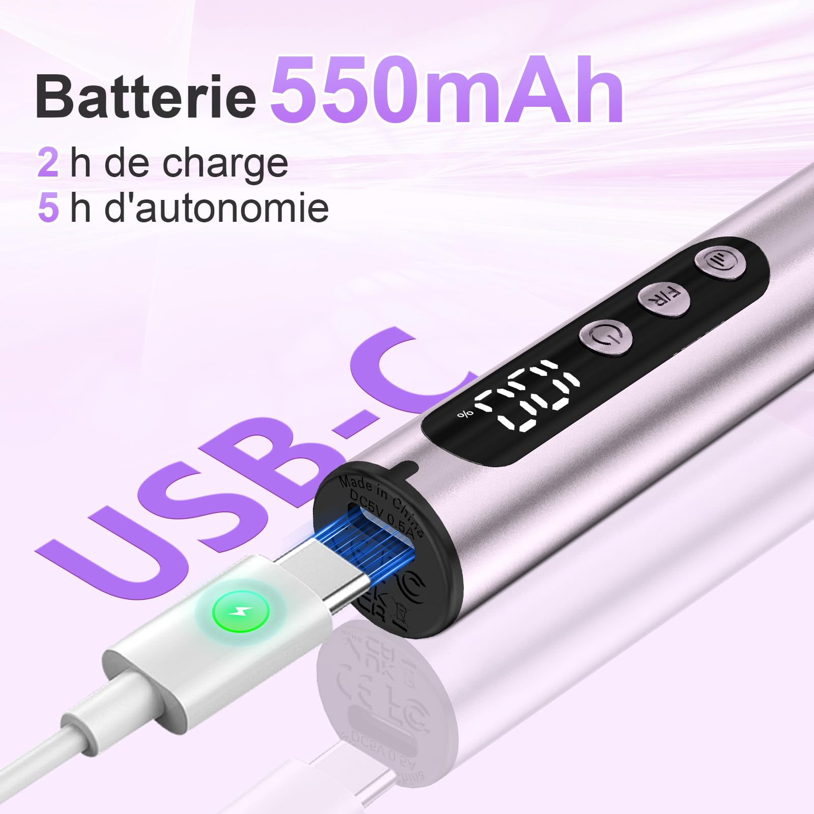 POFIBO Ponceuse pour Ongles Professionnel - 12 en 1 Lime a Ongle Electrique 35000RPM avec LCD écran Numérique, sans fil, 5 vitesses réglables - Kit de Manucure Pédicure Rechargeable Vitesse (Violet)