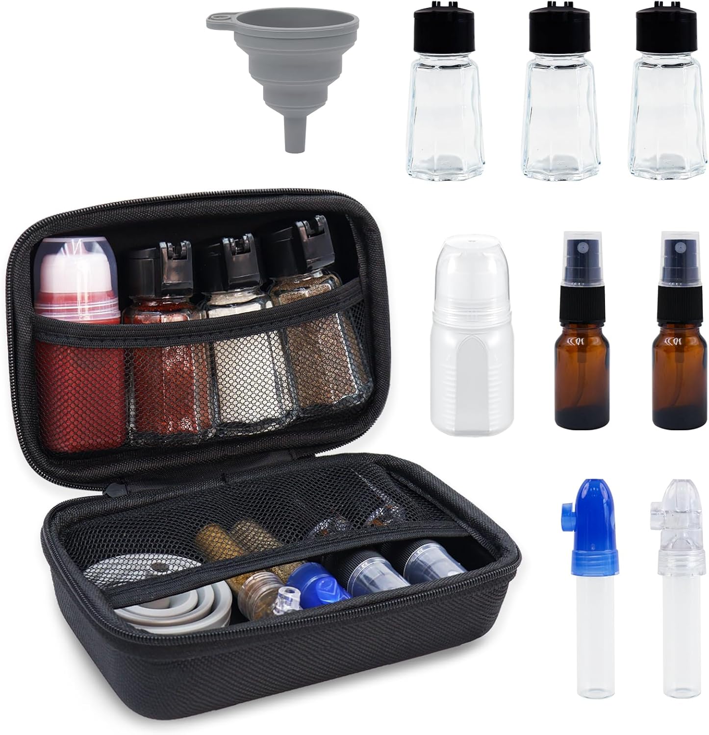 Camping Portable Spice Set With 8 Spice Containers Pepper & Salt Spice Shakers, Silicone Collapsible Funnel, Camping Spice Containers Storage Bag For Home Outdoor Travel Camping Bbq Picnic (Black)