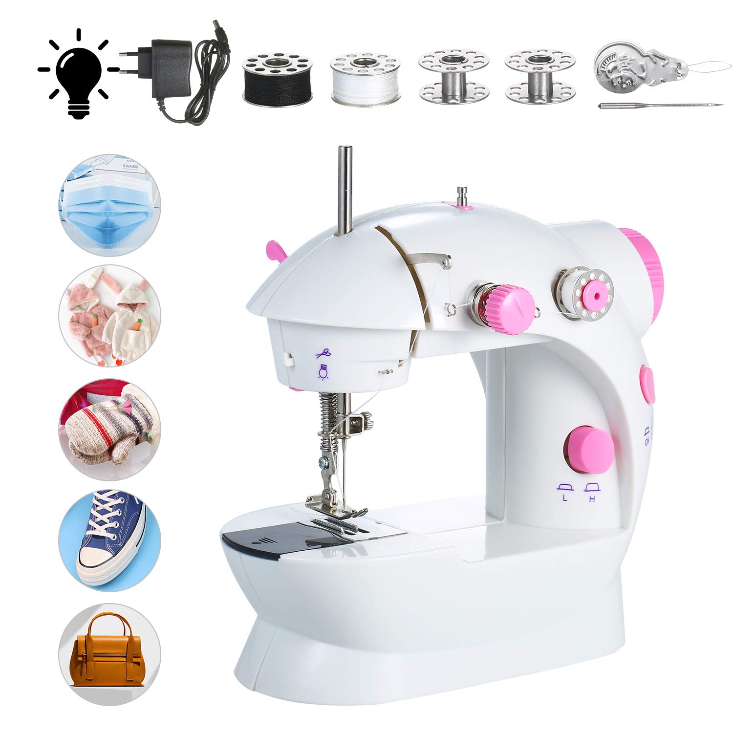 DOGOU Mini Sewing Machine Adjustable 2-Speed Double Thread Portable Electric Household Multifunction Sewing Machin with Lights and Cutter Foot Pedal for Household Travel Beginner Face Mask DIY