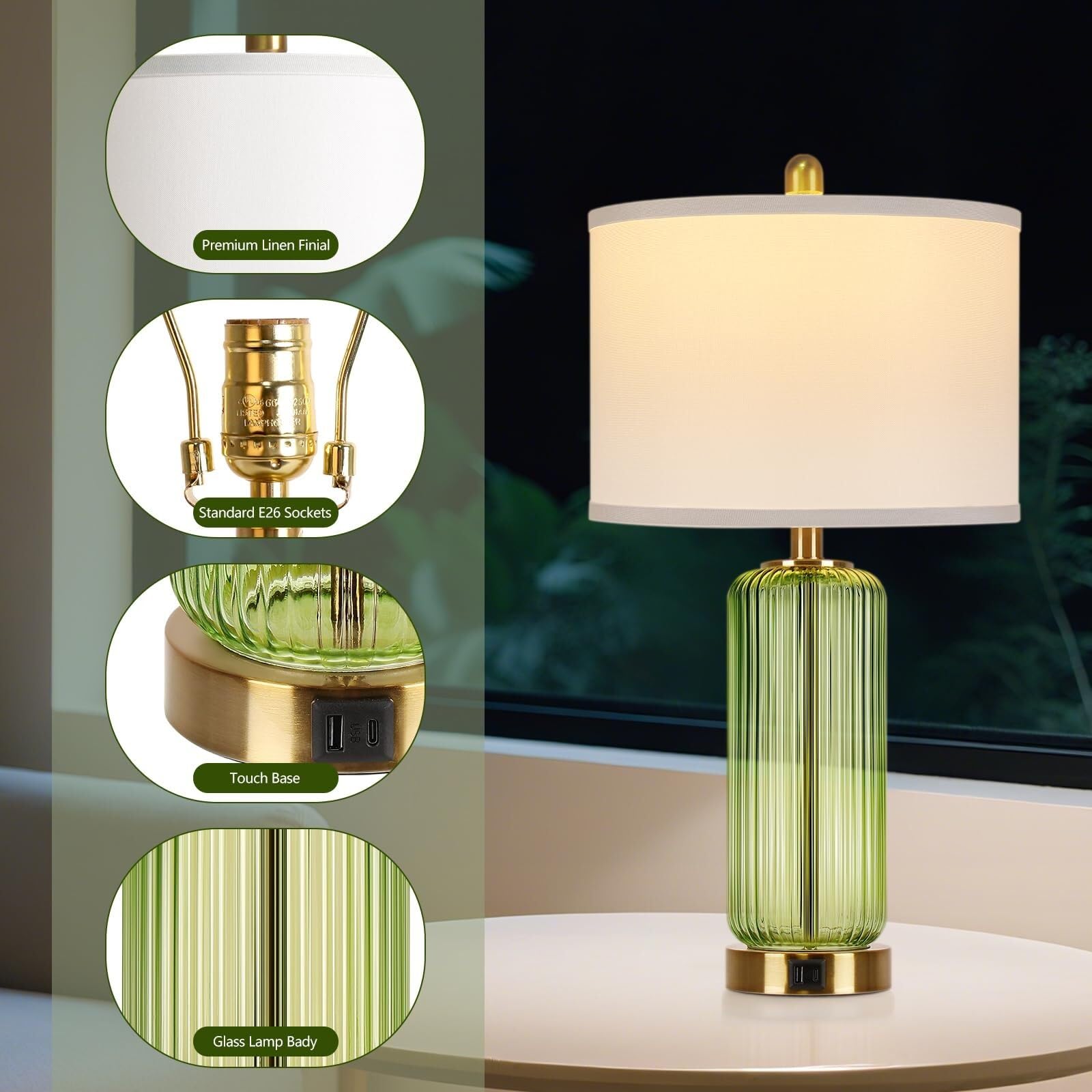 TTDGYYXW Lampada da Tavolo di Lusso in Vetro Testurizzato Verticale - Confezione da 2, dimmerabile al Tocco con Porte USB, Adatta per Camera da Letto e Soggiorno (Trasparente)