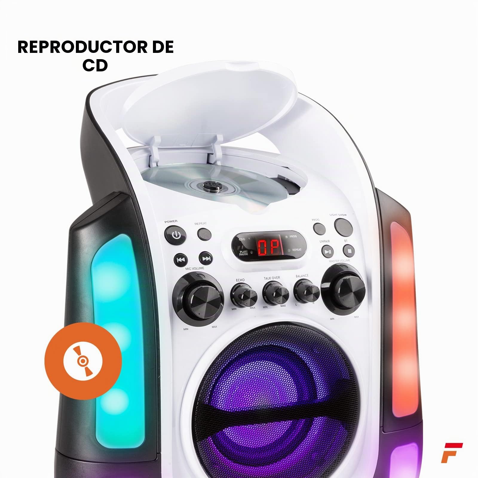 Fenton SBS30W – Altavoz karaoke bluetooth con lector CD+G, USB, 2 micrófonos con cable, salida video RCA, altavoz portátil con luces LED, karaoke machine con AUX y reproducción MP3, color blanco