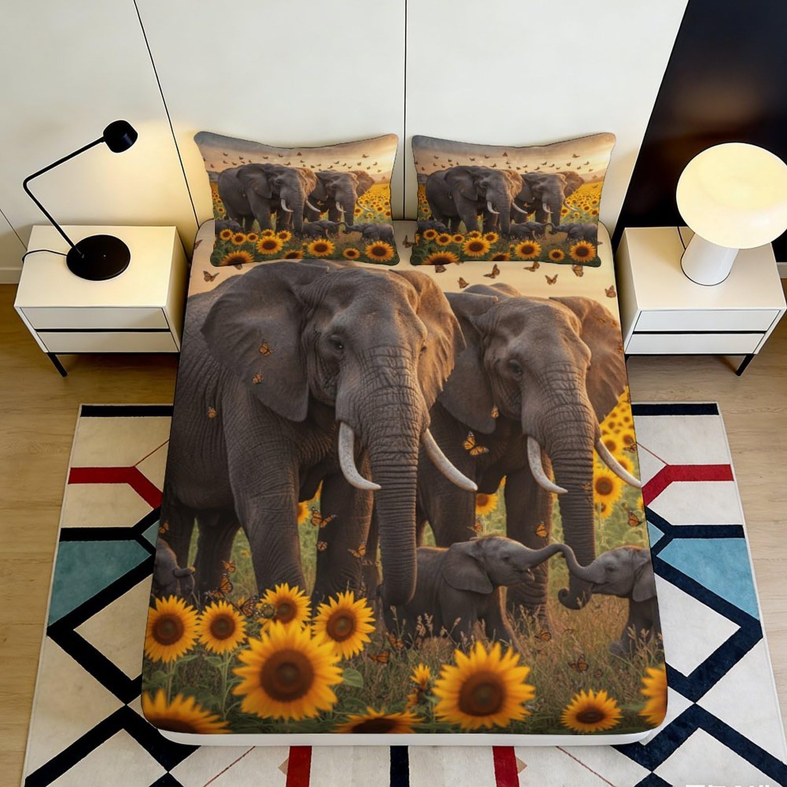 Uynsixtme Style-7 3D Printed Sunflower Elephant Fitted Sheet Microfiber Non-Slip Deep Pocket Bedding Sunflower Elephant Mattress Fitted Cover For Adults Teens Bedroom 90X200x25cm