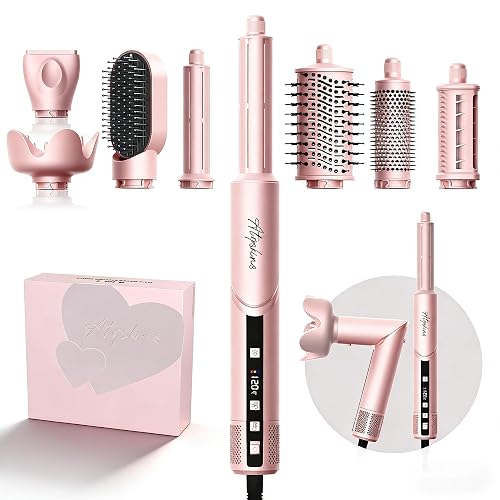 Atopskins 8-in-1 Hair Dryer Brush & Hot Air Styler, 110,000 RPM Blow Dryer Brush Foldable LCD Display, 4 Heat Settings Auto Curler Fast Drying Curling Straightening for Salon & Travel (Pink)
