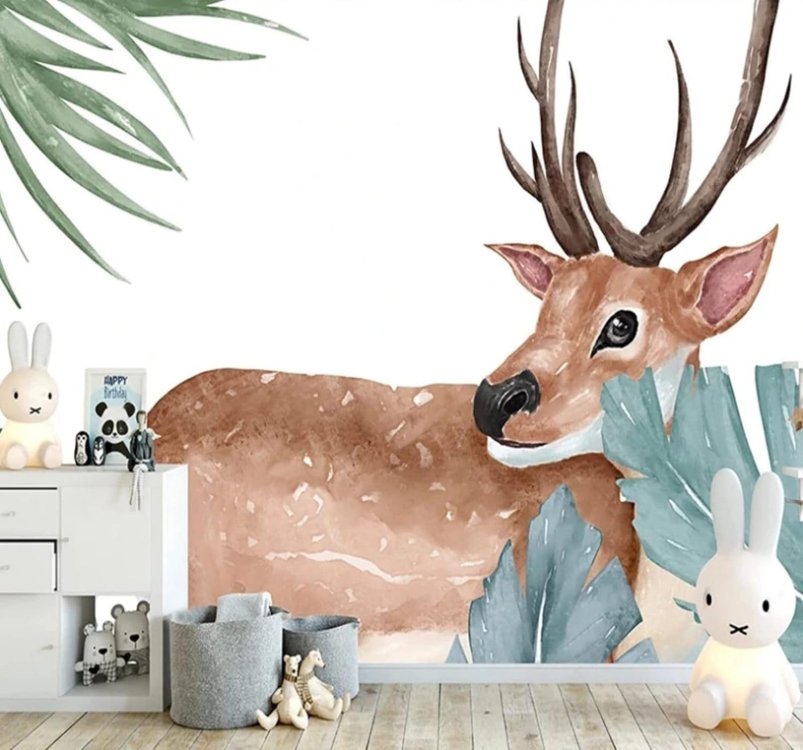 XLMING Cartoon Minimalist Animals Sika Deer Green Leaves 3D Wallpaper Luxury Silk Study Dining Feature Sofa Grey Bedroom Living Room Tv Decorative Wall-350cm×256cm