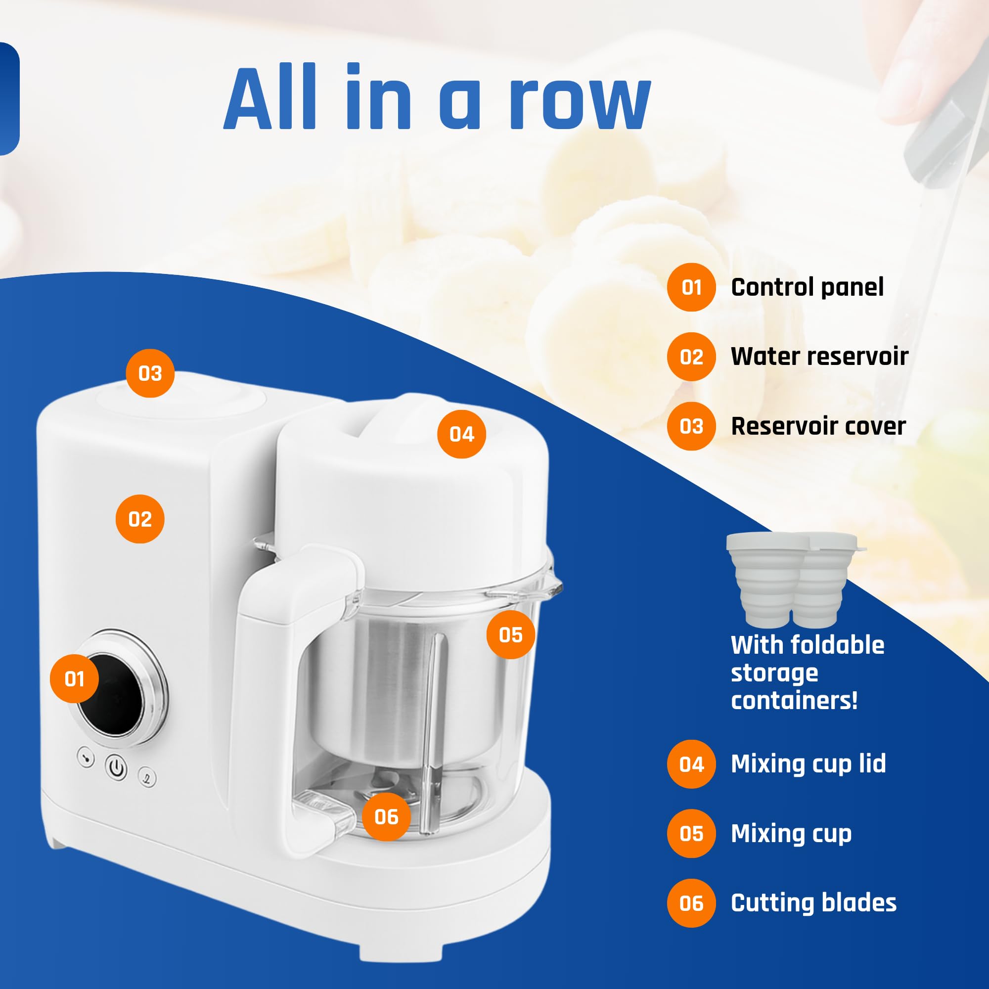 Robot culinaire pour bébé 6-en-1, Cuiseur vapeur & mixeur pour purée, mélange, cuisson, réchauffage, décongélation & stérilisation, Bol inox 300 ml, 2 gobelets de conservation inclus, Sans BPA