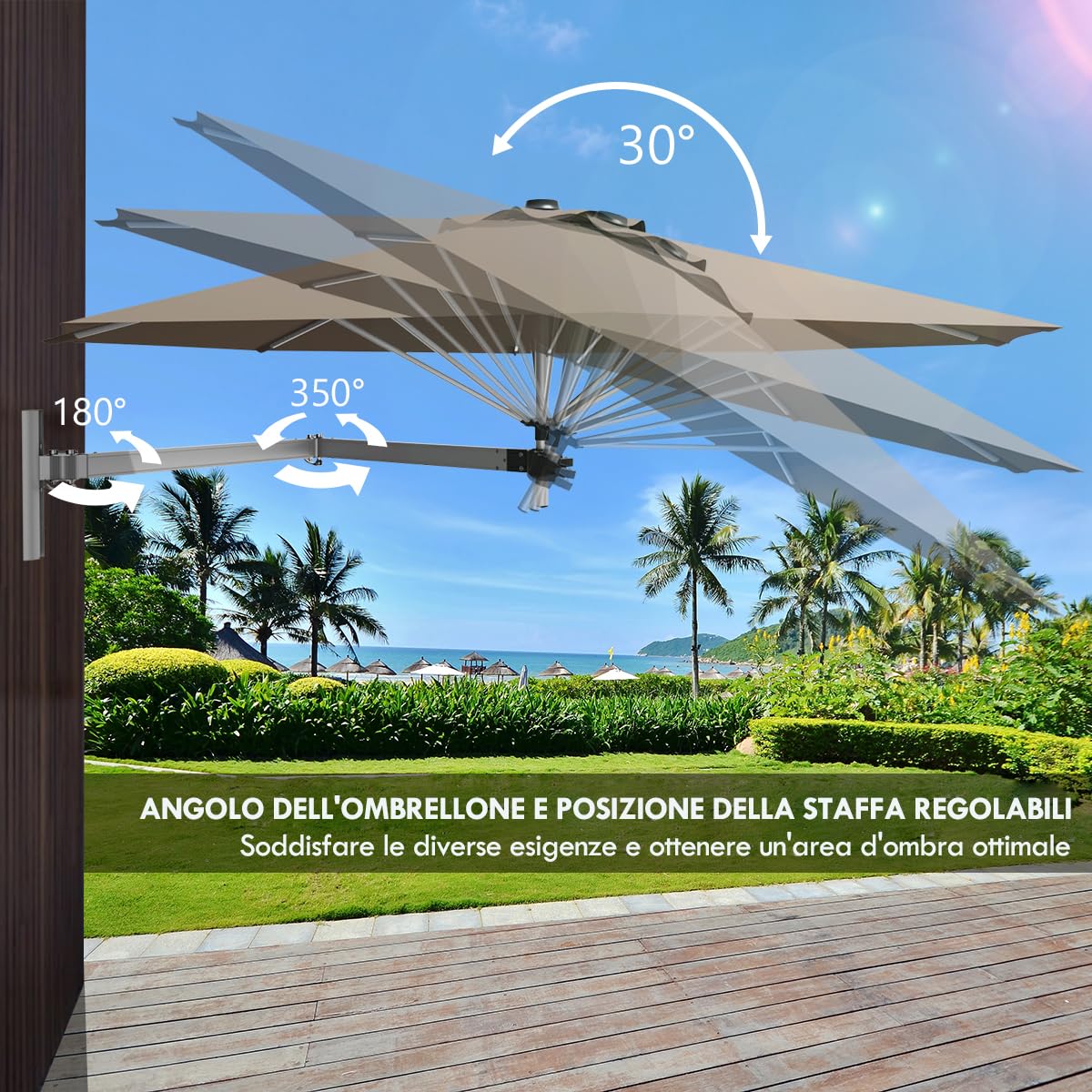 GYMAX Ombrellone da Parete a Braccio, con Testa Inclinabile e Supporto Regolabile, Ombrellone da Esterno con 8 Costole Robuste, per Balcone, Giardino, Cortile