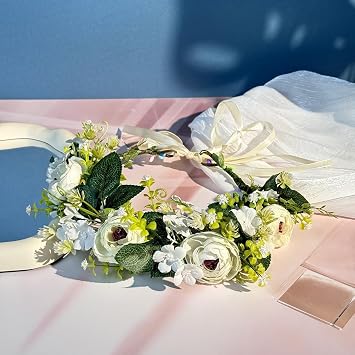 Flower Crown Headband Boho Floral Bridal Headpiece Artificial Flower Hair Garland Wedding Hair Accessories Cream, Medium