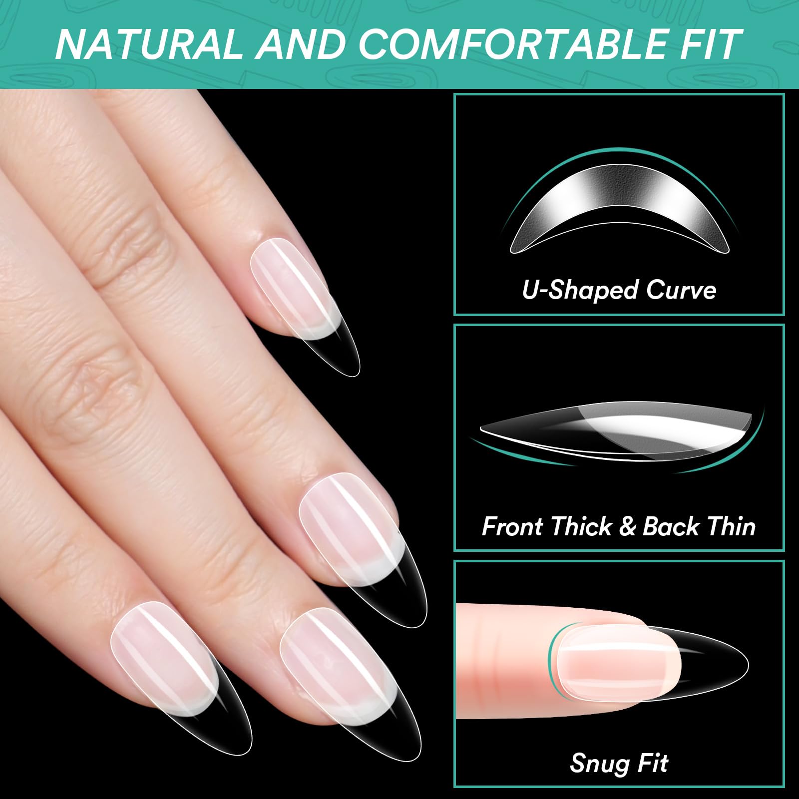 Alyvisun 550 Piezas Uñas Postizas Transparentes, 11 Tamaños Tips Uñas Falsa Con 240 Piezas Gel Uñas Pegatinas Kit, Artificial Puntas de Uñas Francesas con Caja para Mujeres Niñas Salones y DIY