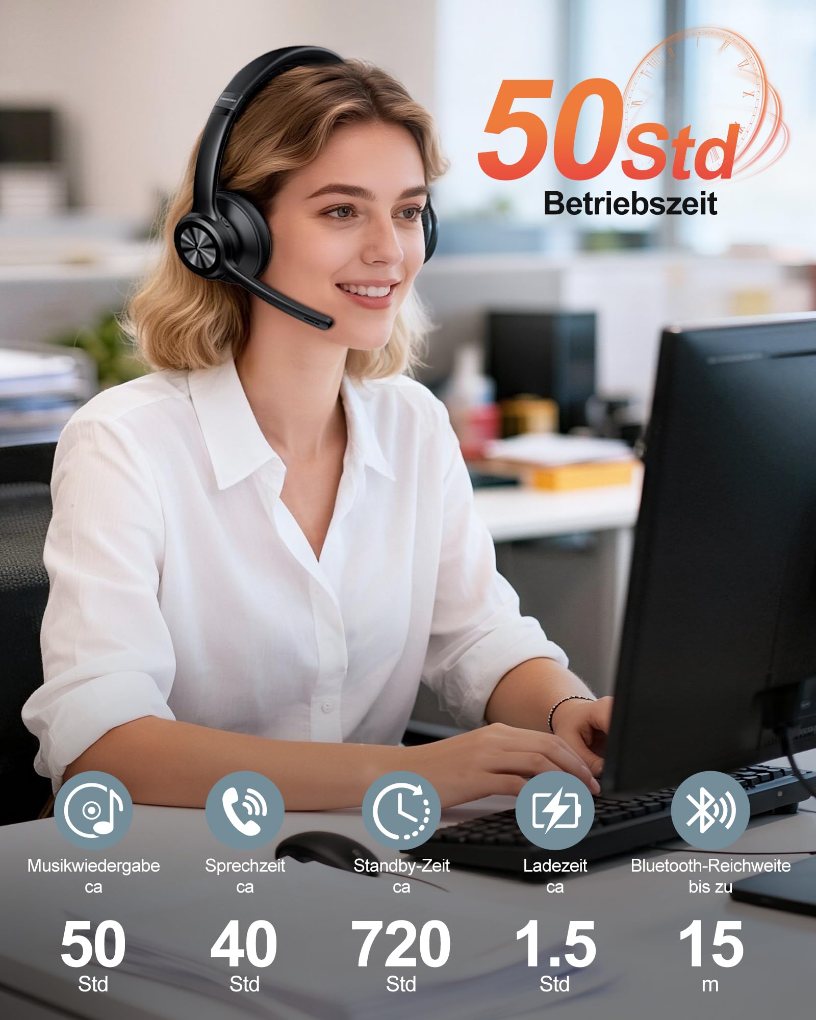 TechRise Bluetooth Headset mit Mikrofon, ENC Noise Cancelling & USB-Dongle