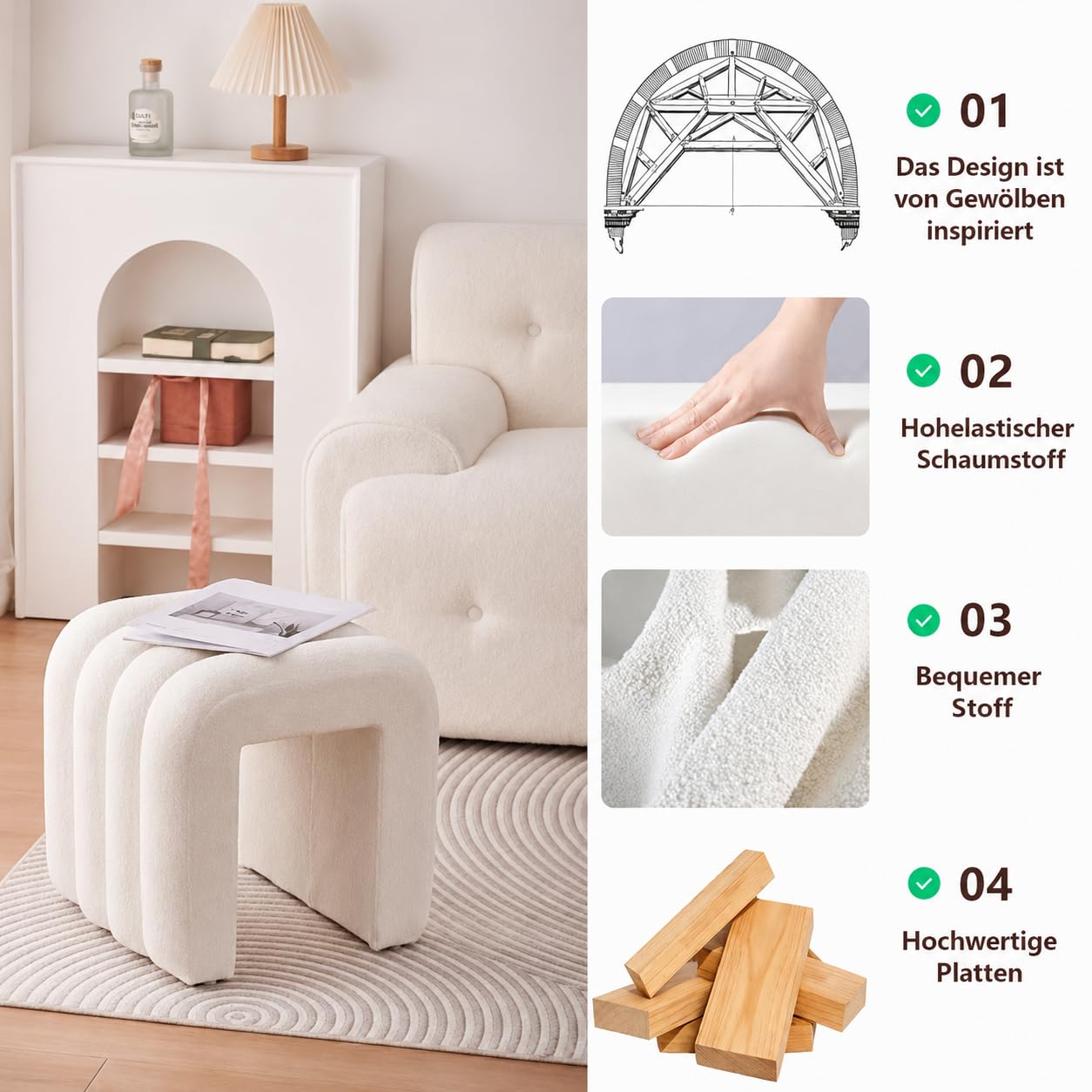Zedelmaier Hocker mit Holzfüßen – Weißer Sitzhocker, Fußhocker, Sitzwürfel & Pouf für Wohnzimmer, Schlafzimmer, Eingangsbereich (Weiß)