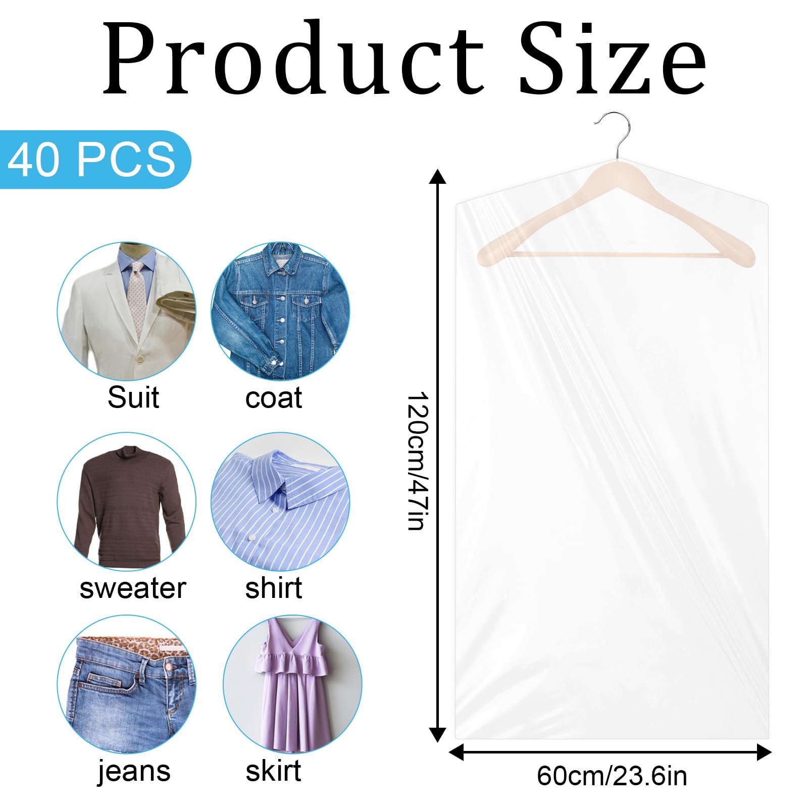 40 Pcs Dry Cleaning Bag for Hanging Clothes, 60 x 120 cm Clear Plastic Garment Bags, Clothing Protector Covers, Hanging Dust-proof Garment Bags for Dry Cleaner, Home Storage, Travel (47.2 x 23.6 In)