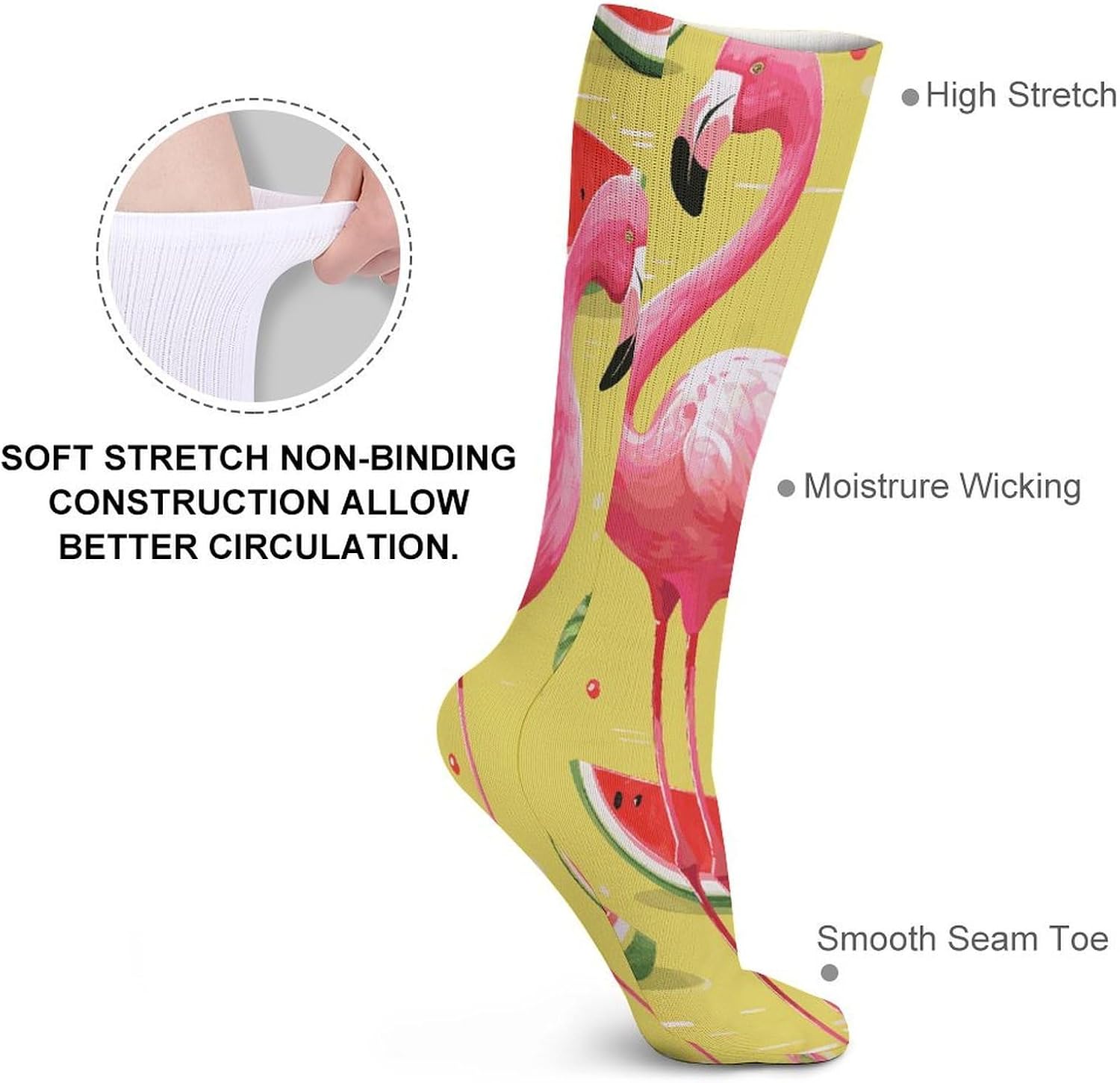 Pink Flamingo And Watermelon Knee High Socks Cozy Knee High Socks Soft Mid-Length Sock for All Seasons Daily Wear Adult