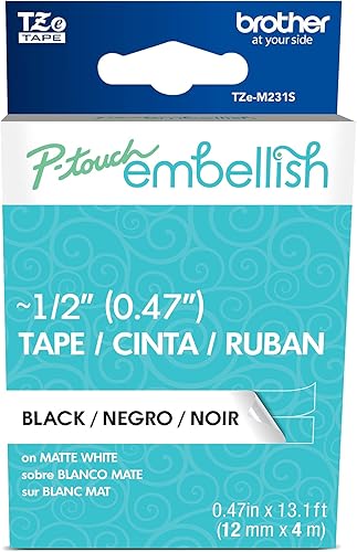 Brother P-touch Embellish Impresión negra sobre cinta blanca mate TZEM231S   " de ancho x 13.1' de largo para usar con P-touch Embellish Ribbon &