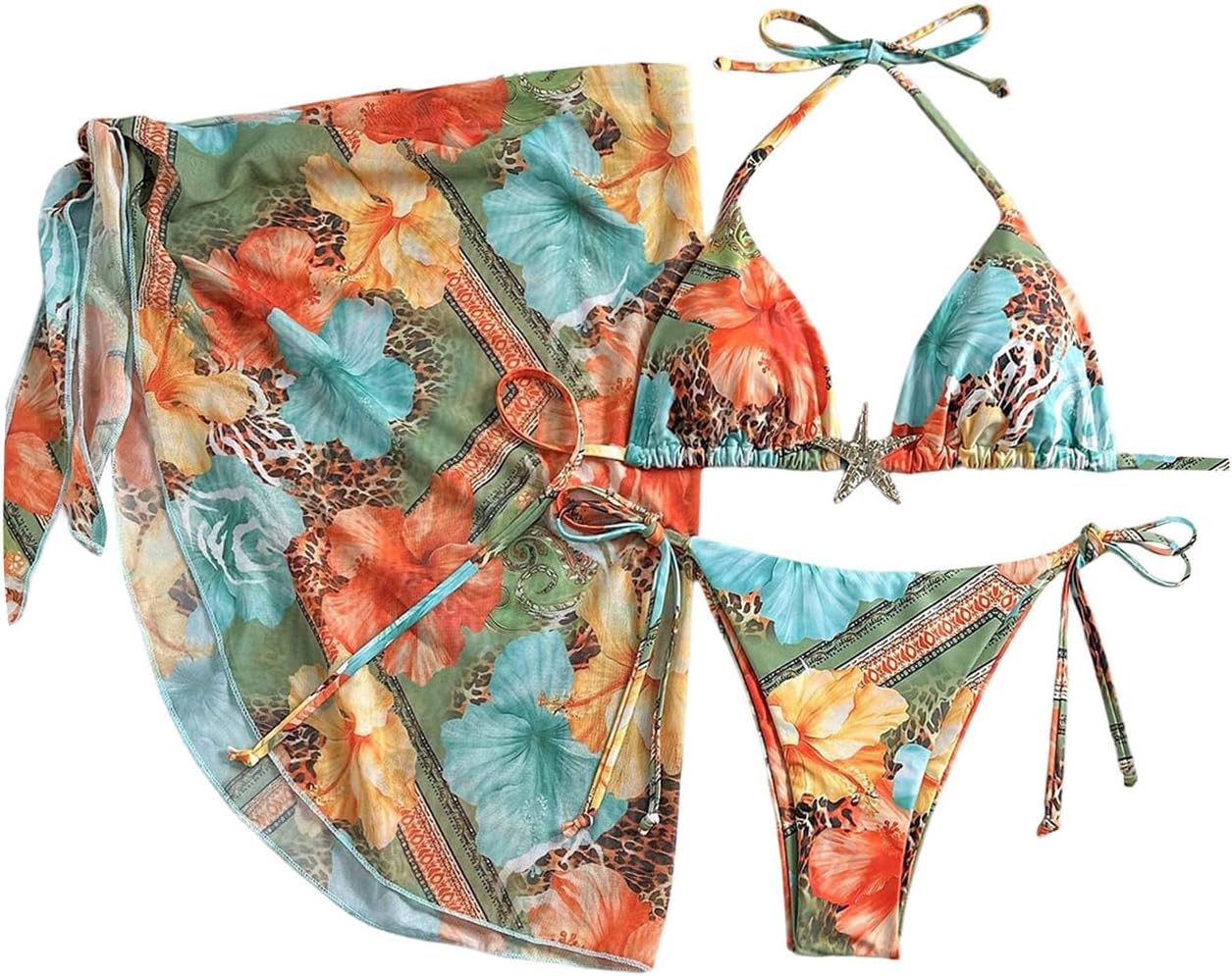 Verdusa Women's 3 Piece Floral Halter Triangle Bikini Set Tie Back Swimsuit with Cover Up Skirt Summer Vacation Outfits