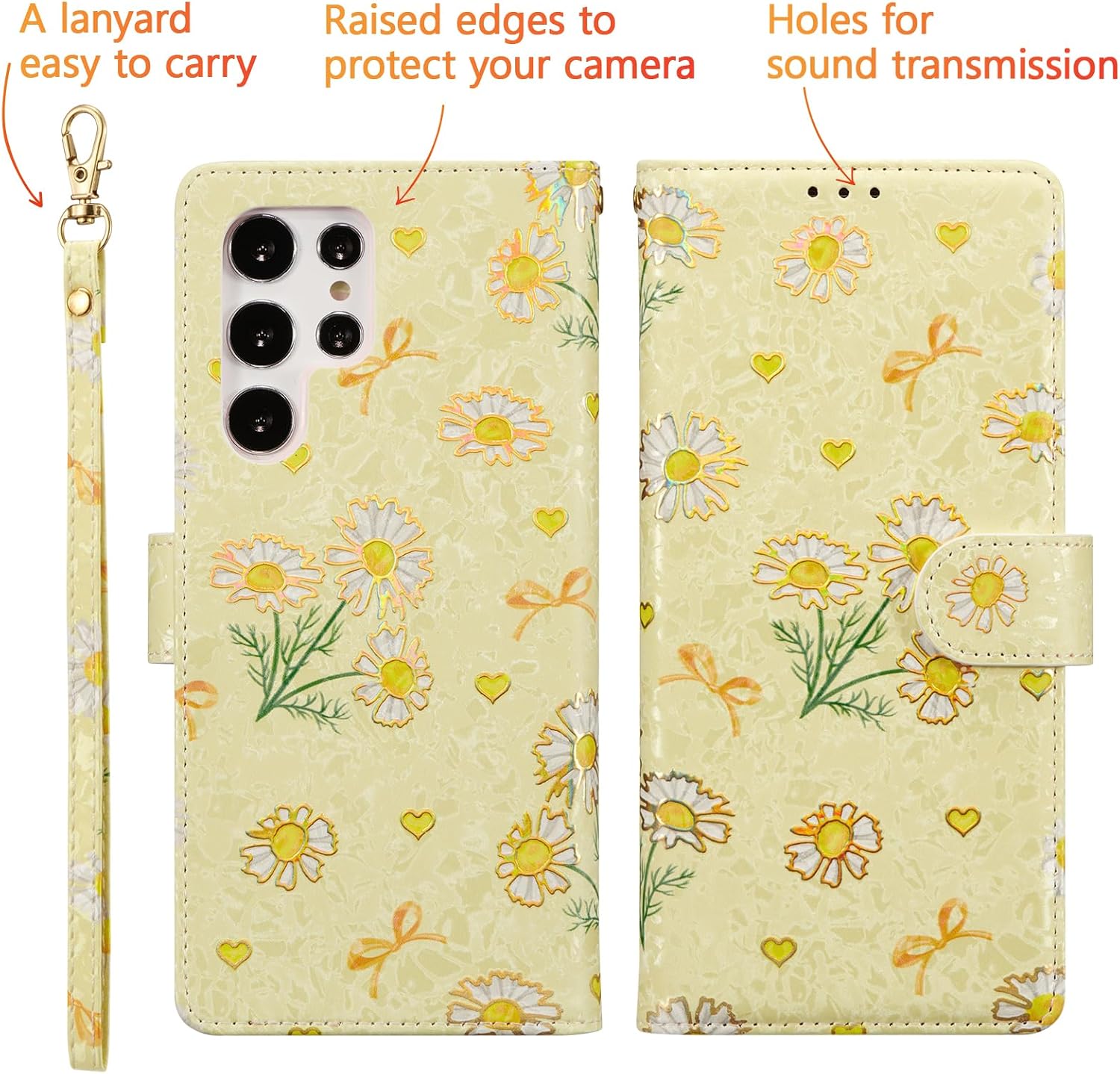UEEBAI Wallet Case for Samsung Galaxy S26 Ultra, PU Leather Phone Cover Kickstand RFID Blocking Flip Case Card Slots Wrist Strap Relief Engraved Pattern Magnetic Closure Flower Wallet, Yellow Daisy image 5