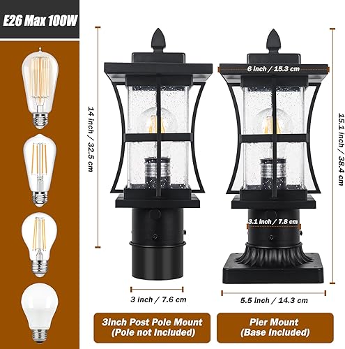 Miniatura 5 de Paquete de 2 lámparas de poste para exteriores del atardecer al amanecer con base de montaje en muelle, iluminación negra de poste para exteriores,