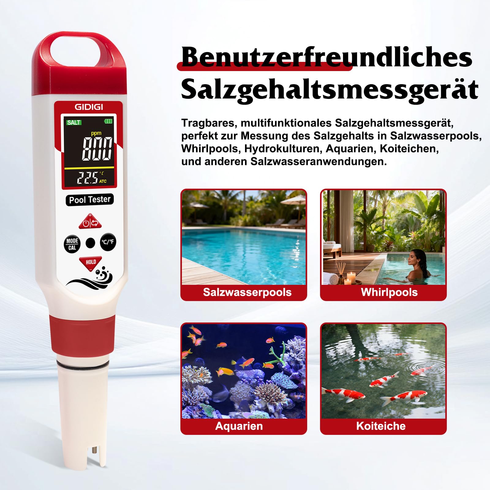 7-in-1 Poolwasser Tester für freies Chlor (FAC), pH Wert, Redoxpotenzial (ORP), Salzgehalt, EC, Gesamtfeststoffgehalt (TDS) Digitaler Chlortester für Salzwasserpools, Whirlpools, Hydrokulturen