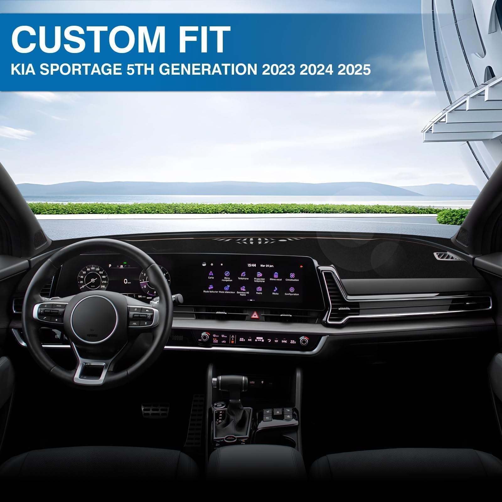 KUST Copertura per cruscotto nera per Kia Sportage (ibrida)/NQ5 2023 2024 2025, copertura per cruscotto in poliestere, antiscivolo, copertura per la console centrale, accessori interni per Kia