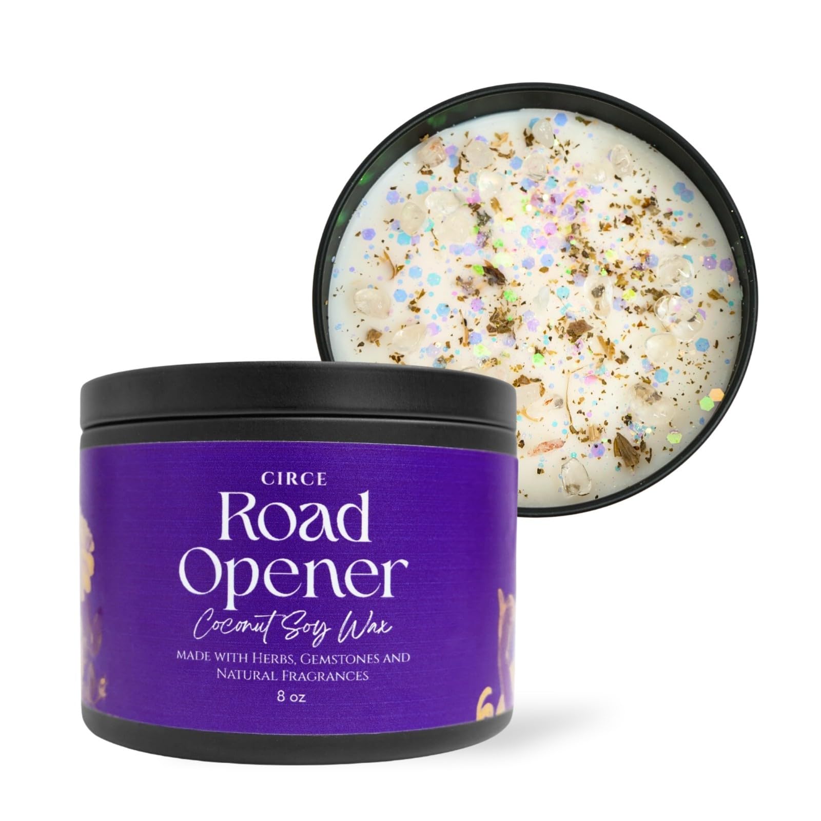 Circe Spell Candle “Road Opener” Coconut Soy Wax Candle Jar – Premium Hand Poured & Long Burning – Herbs, Crystals & Natural Fragrance Oils -Clear