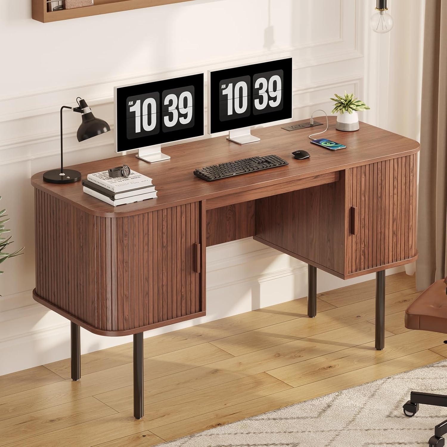 ONBRILL 55 Inch Fluted Computer Desk with Charging Station, Mid Century Executive Desk with 2 Storage Cabinets, Modern Home Office Large Desk with Metal Legs for Working, Studying, Writing, Walnut