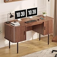 Vista 8 de ONBRILL 55 Inch Fluted Computer Desk with Charging Station, Mid Century Executive Desk with 2 Storage Cabinets, Modern Home Office Large Desk with