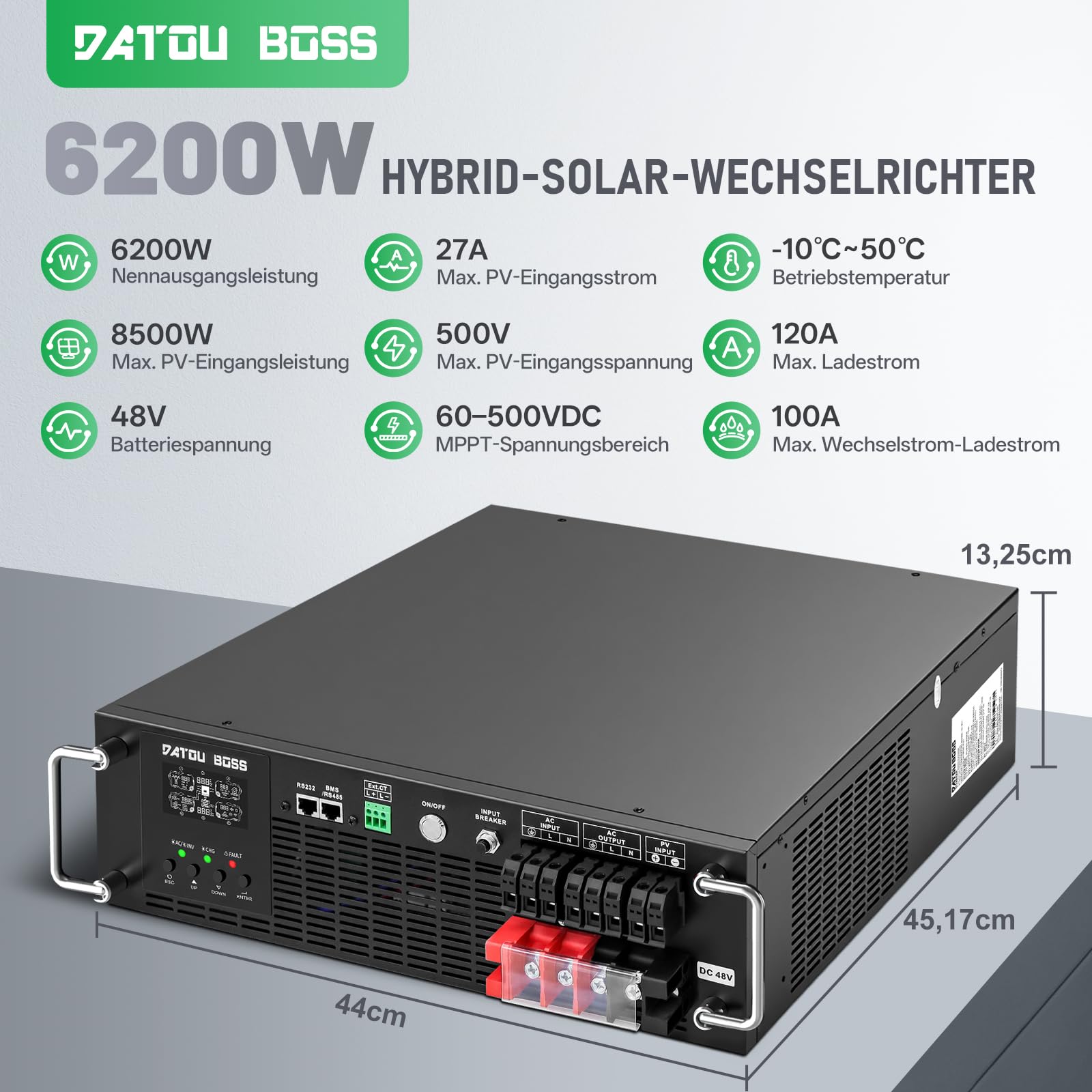 DATOUBOSS Inversor Solar Híbrido Rack 3U 6200W 48V, Onda Sinusoidal Pura 230V, MPPT 120A, Entrada Fotovoltaica 8500W, Compatible con Baterías LiFePO4, Función UPS, Pantalla LCD para Sistema Solar