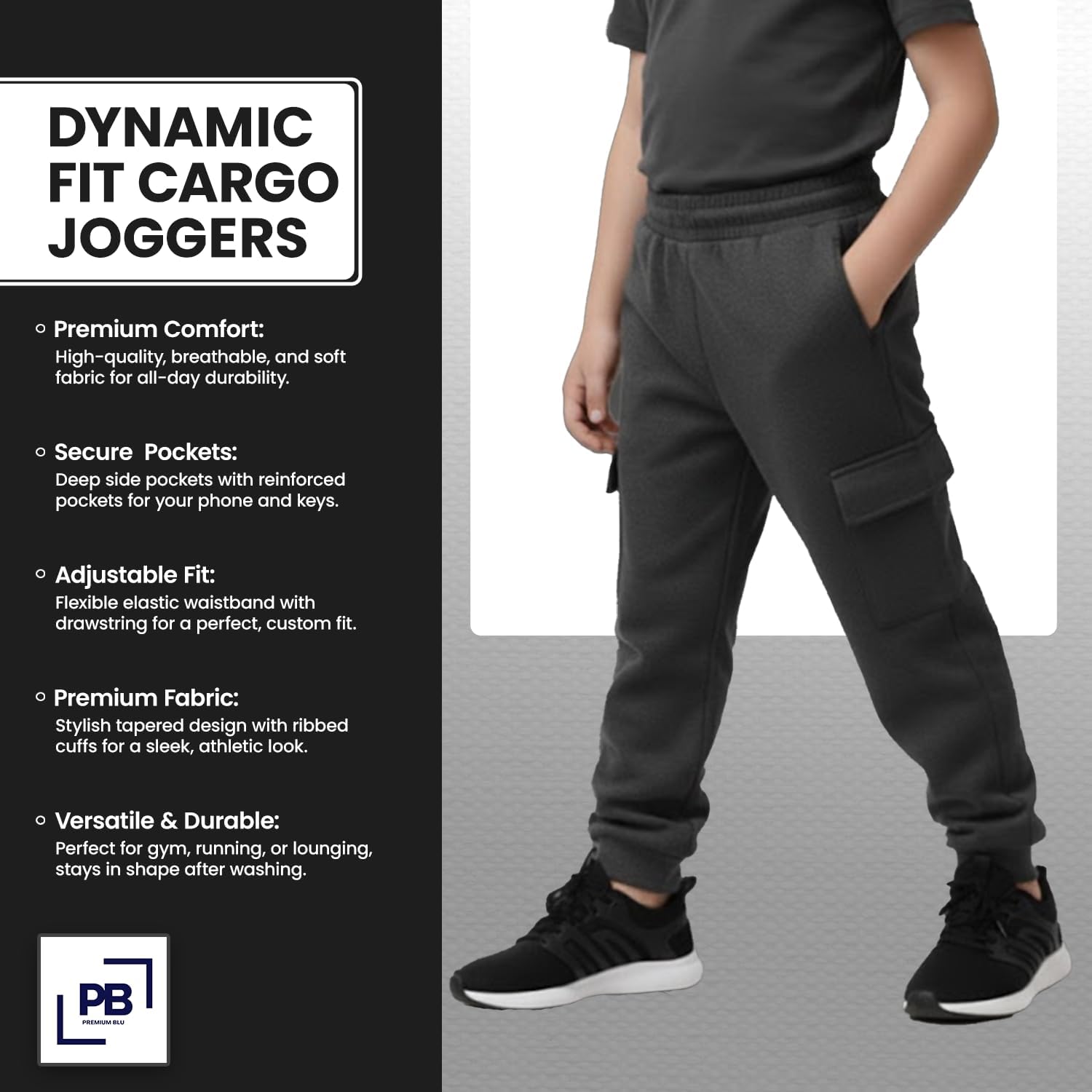 PB Boys Sweatpants 3-Pk, Active Fleece Joggers for Boys with Cargo Or Zipper Pockets & Drawstring, Athletic Sweatpants 8-20 - Image 5