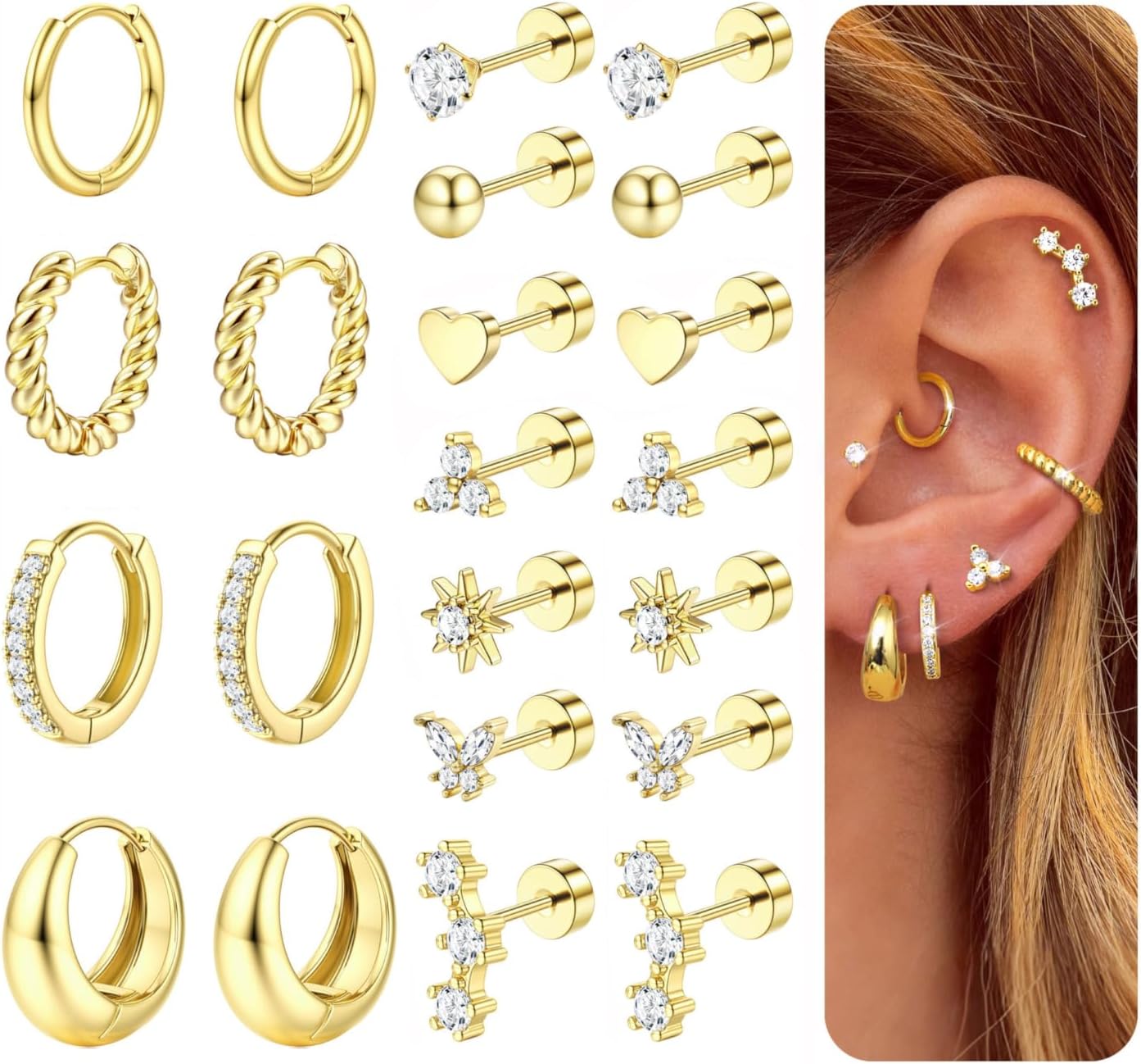 Florideco Hypoallergenic Flat Back Earrings for Women Trendy Surgical Steel Earrings for Sensitive Ears 14K Gold Plated Cartilage Earring Stacks FlatBack Stud Earring Set for Multiple Piercing