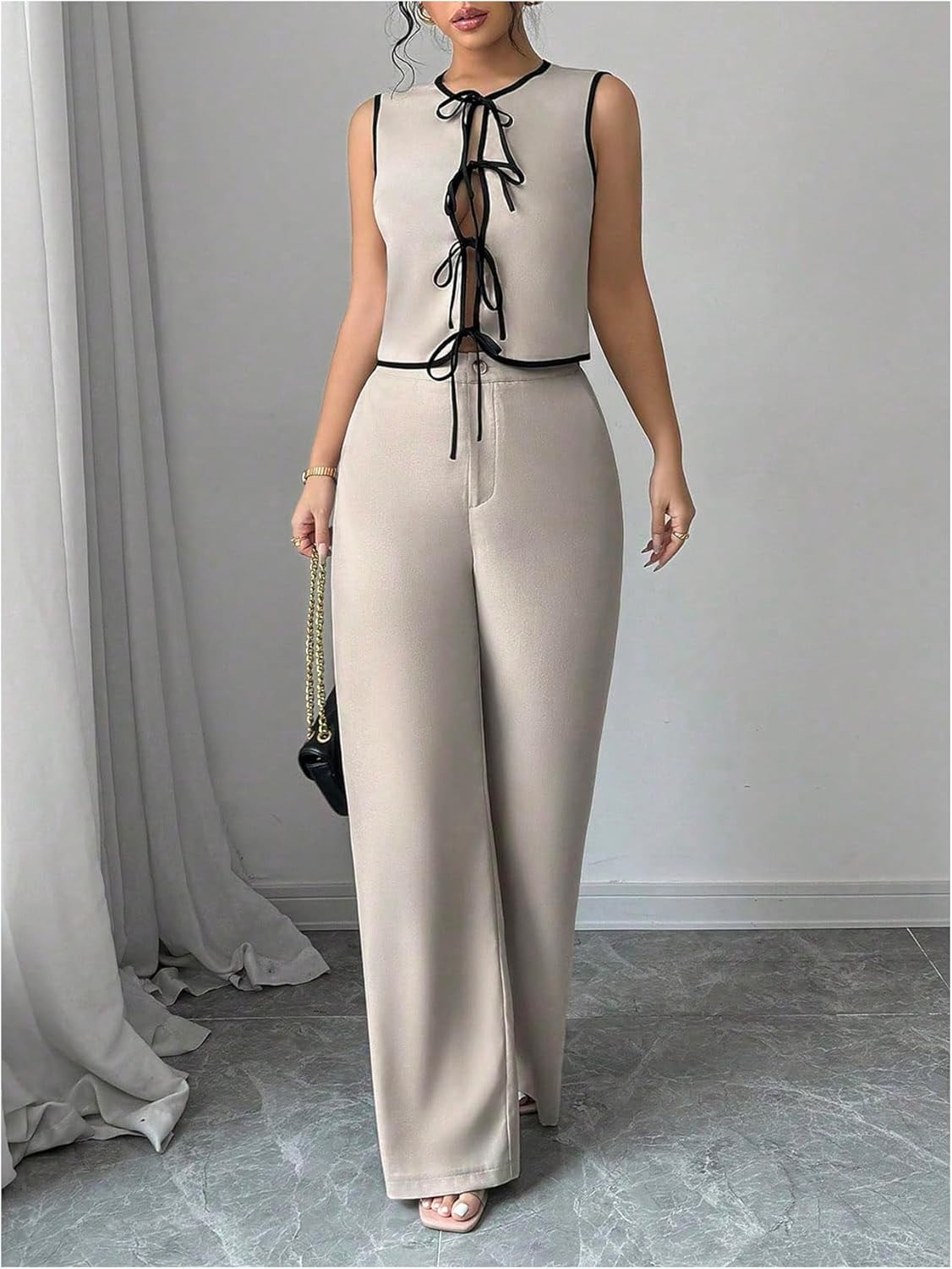 OYOANGLE Women's Two Piece Dressy Outfit Tie Up Tank Top Zipper Fly Wide Leg Pants Matching Sets - Image 4