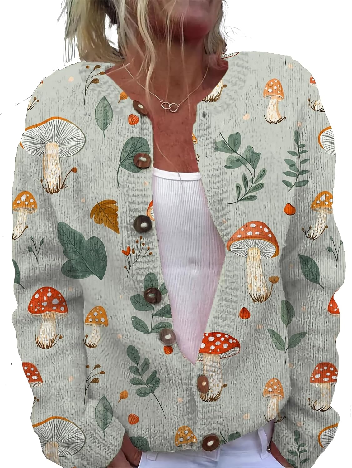 Womens Trendy Sweater Cardigan Mushroom Print Button Up Oversized Long Sleeve Floral Sweaters Plus Size Tops