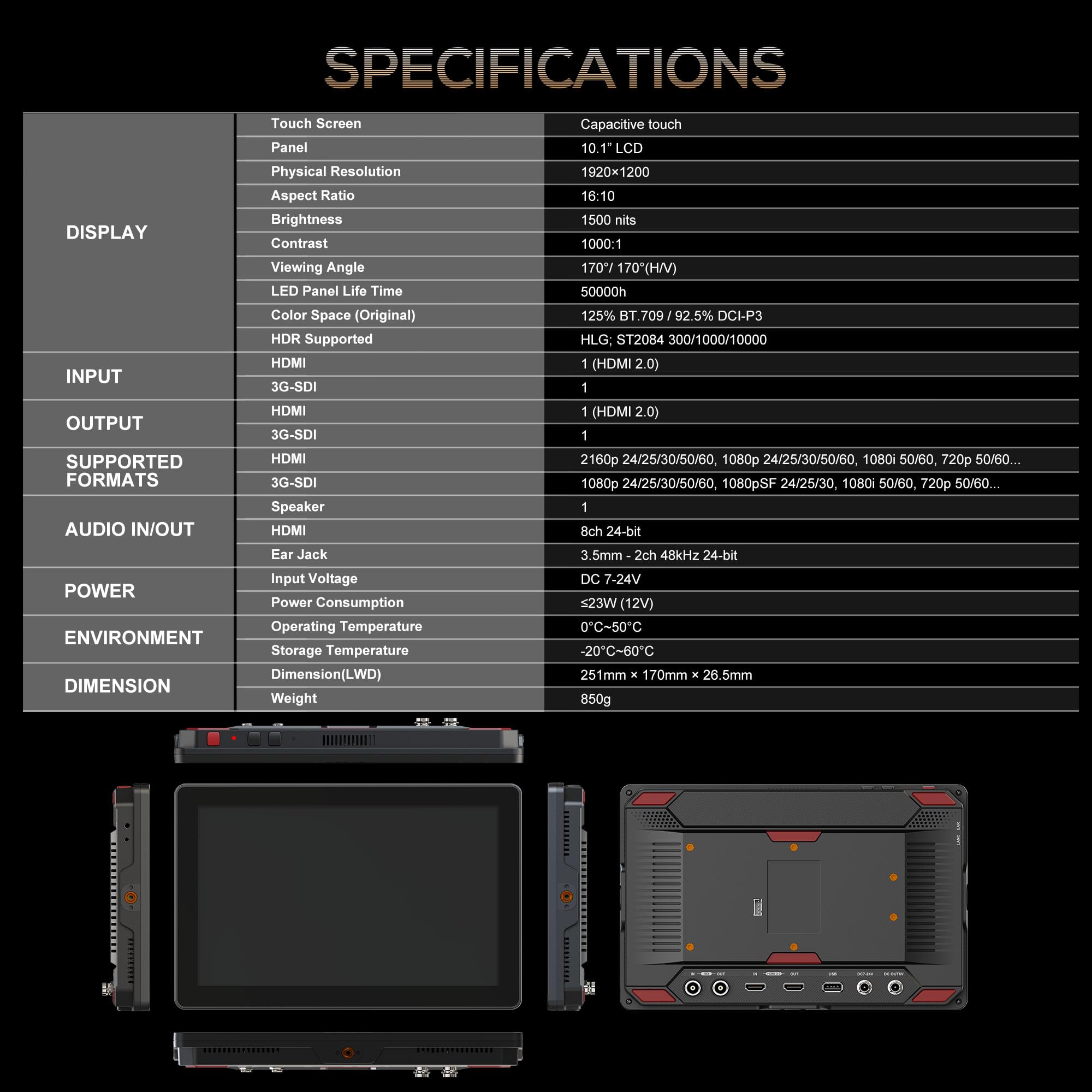 LILLIPUT HT10S 10.1'' 1920x1200 FHD IPS caméra moniteur 1800 Nits, DSLR Moniteur de Champ de caméra, 4K HDMI/ 3G-SDI Touchscreen Kamera Field Monitor HDR 3D-LUT