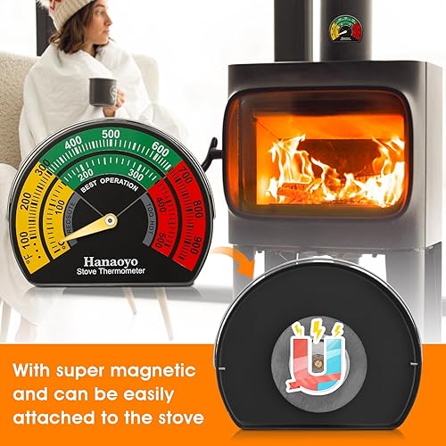Miniatura 2 de Hanaoyo Termómetro de estufa de leña, termómetro magnético para estufa con esfera grande, termómetro de estufa de leña, medidor superior para