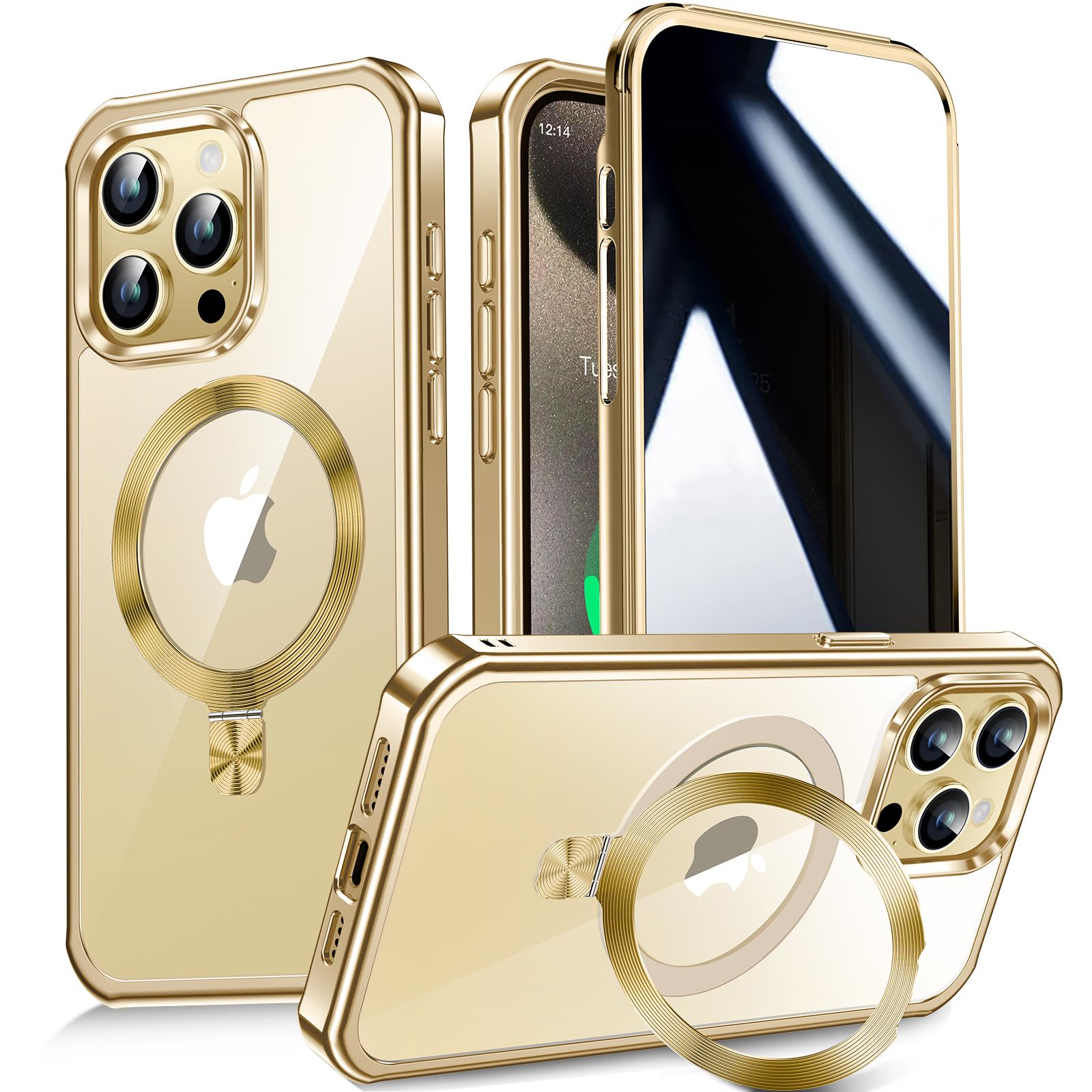 Photo 1 of [CD Metal Ring Stand + Built-in Privacy Screen Protector] Magnetic Case for iPhone 15 Pro Max 6.7" [Soft Bumper Full Signal] [Compatible with MagSafe] 9H Glass Full Body Shockproof Clear Case, Gold