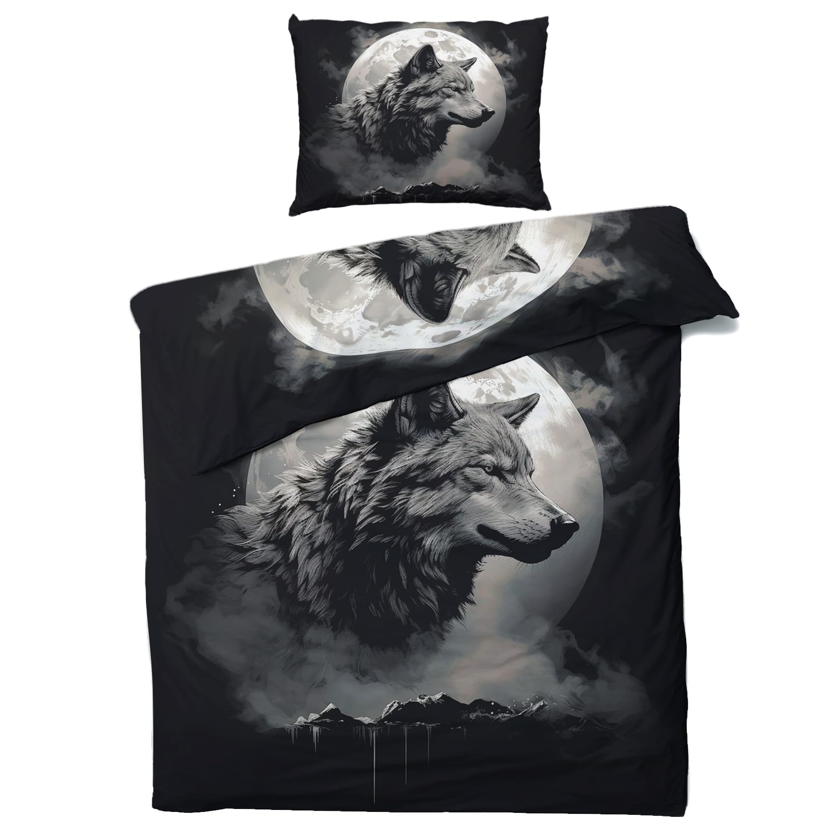 Wolf Motiv Bettwäsche 3-teilig 155x220 Cm – Mikrofaser, Weich & Warm, Mit Reißverschluss Und Eckbändern