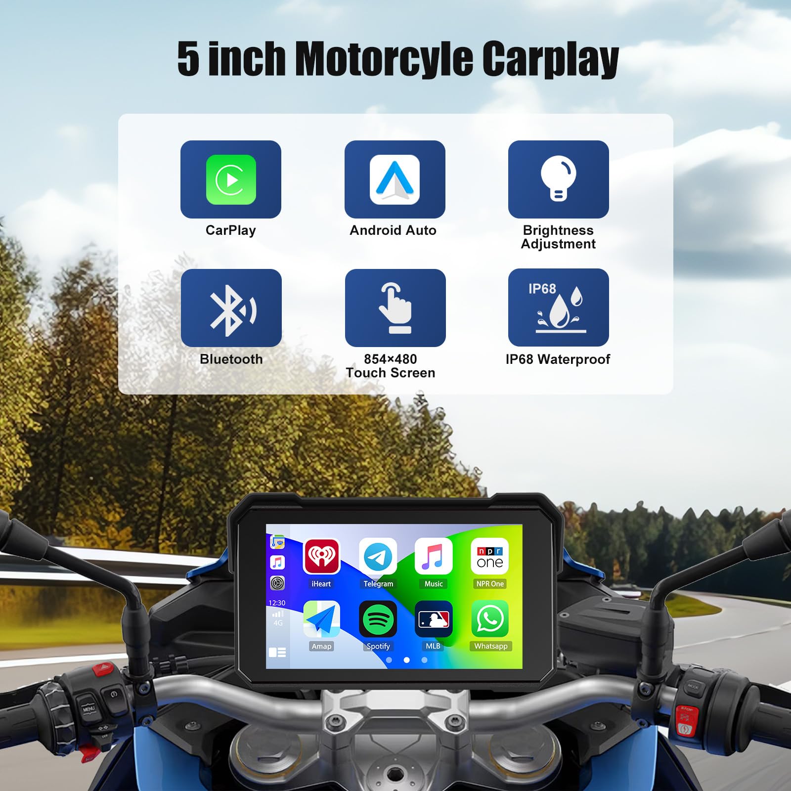 5 Inch Motorcycle Carplay GPS Navigation System with Carplay and Android Auto Portable Screen with Bluetooth, Navigation, Siri, Google Assistant（Not Inchluded TPMS） — view 2