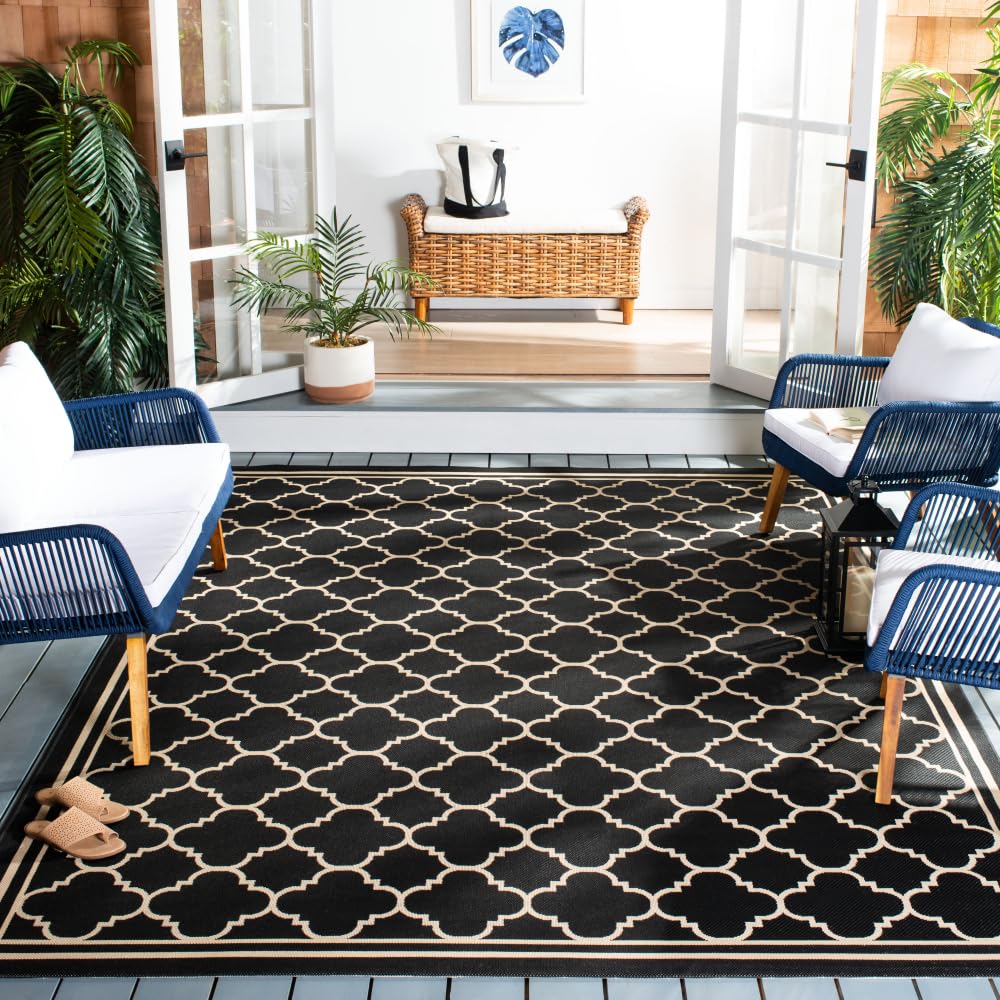 SAFAVIEH Courtyard Collection Area Rug - 8' x 11', Black & Beige, Trellis Design, Non-Shedding & Easy Care, Indoor/Outdoor & Washable-Ideal for Patio,