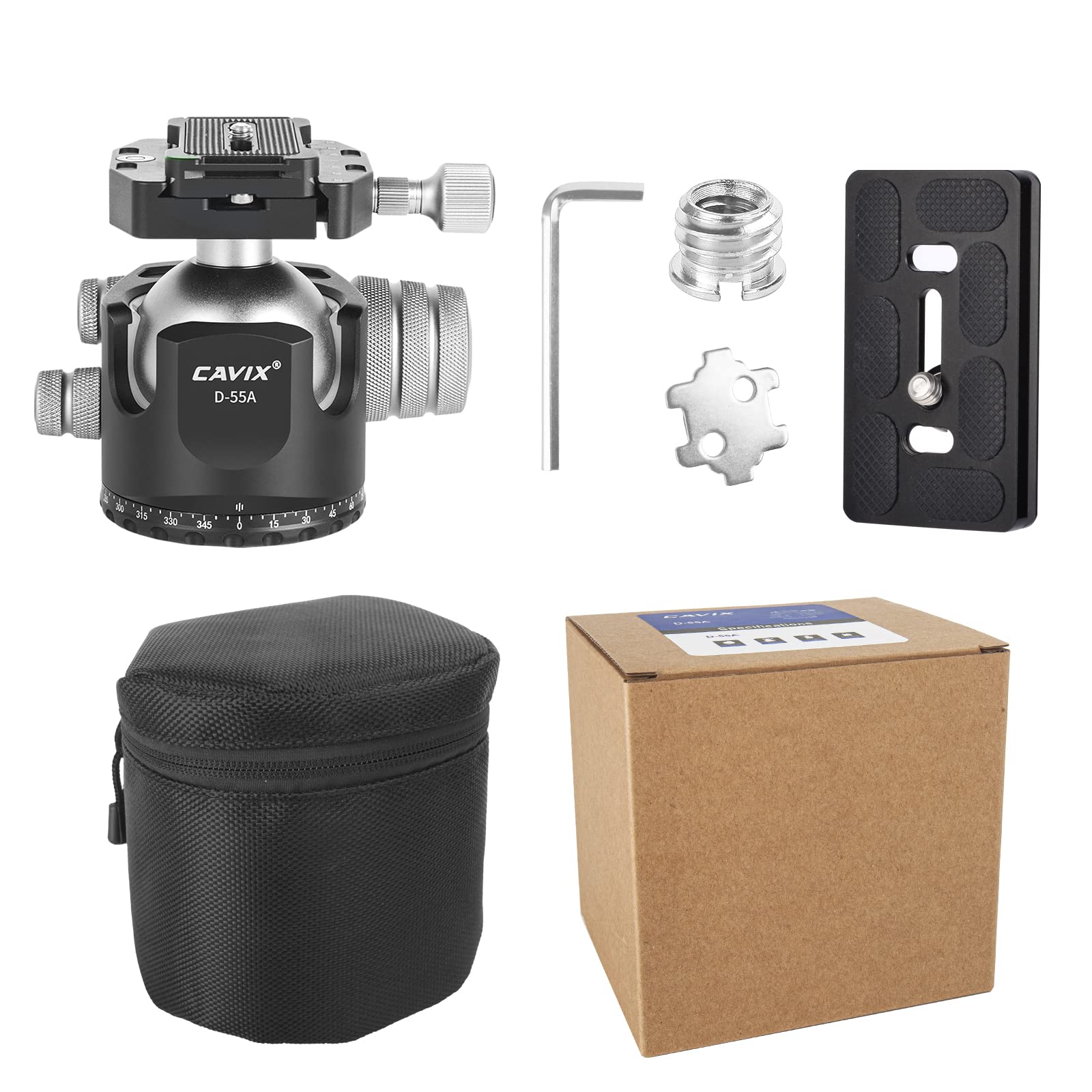 55mm Ball Head, CAVIX Low Profile Ball Head Heavy Duty 360 Degree Tripod Head, Aluminum Alloy Ball Head Mount for Tripod with Two 1/4'' Quick Release Plates, Max Load 88.18lbs/40kg