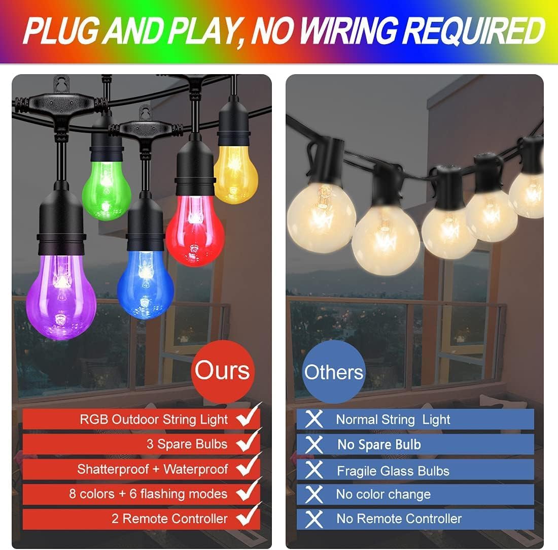 Auroraworld 35FT RGB Outdoor String Lights, Dimmable Color Changing Waterproof LED Patio Lights with Remote & E26 Shatterproof Edison Bulbs for Bistro Backyard Garden Party Decor - Image 3