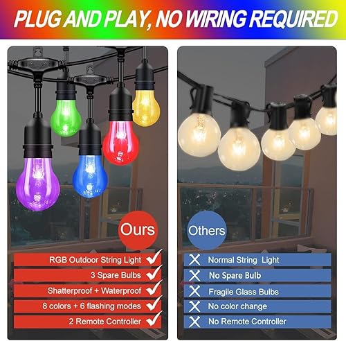 Miniatura 3 de Auroraworld Tira de luces RGB de 35 pies para exteriores, regulables, cambio de color, impermeable, luces LED para patio con control remoto y