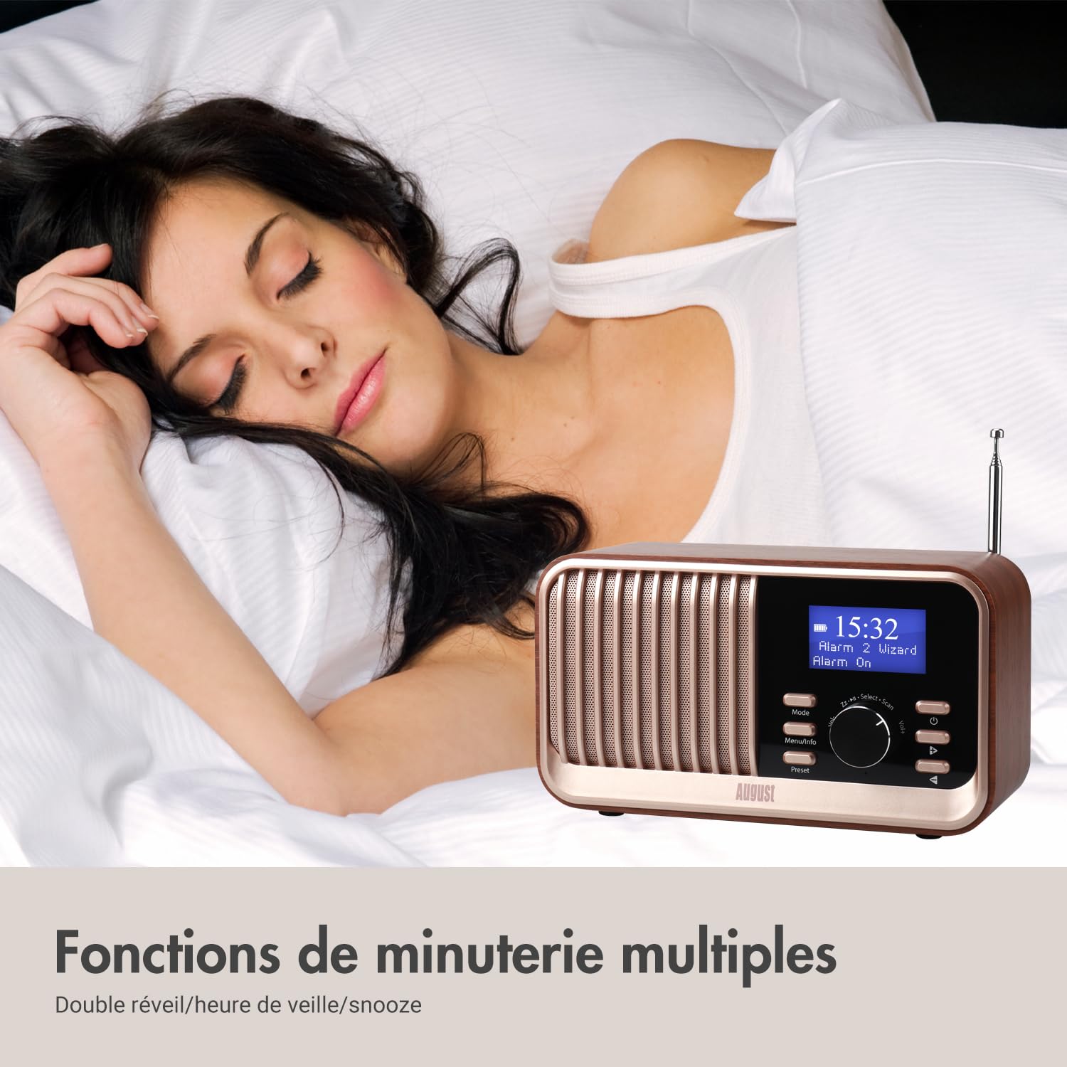 August MB450K - Radio Dab/Dab+/FM Rechargeable Double Réveil, Radio Portable Rétro avec 60 Présélections, Haut-Parleur Bluetooth 5.3, USB/AUX/Carte MicroSD, Autonomie 18H et Télécommande - Chêne