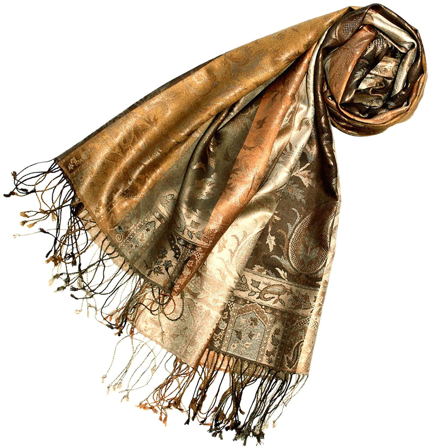Lorenzo Cana Pashmina Damenschal Schaltuch jacquard gewebt aus 100% Seide 70 x 190 cm Paisleymuster Seidenschal Seidentuch harmonische Braun Gold Farben 78080