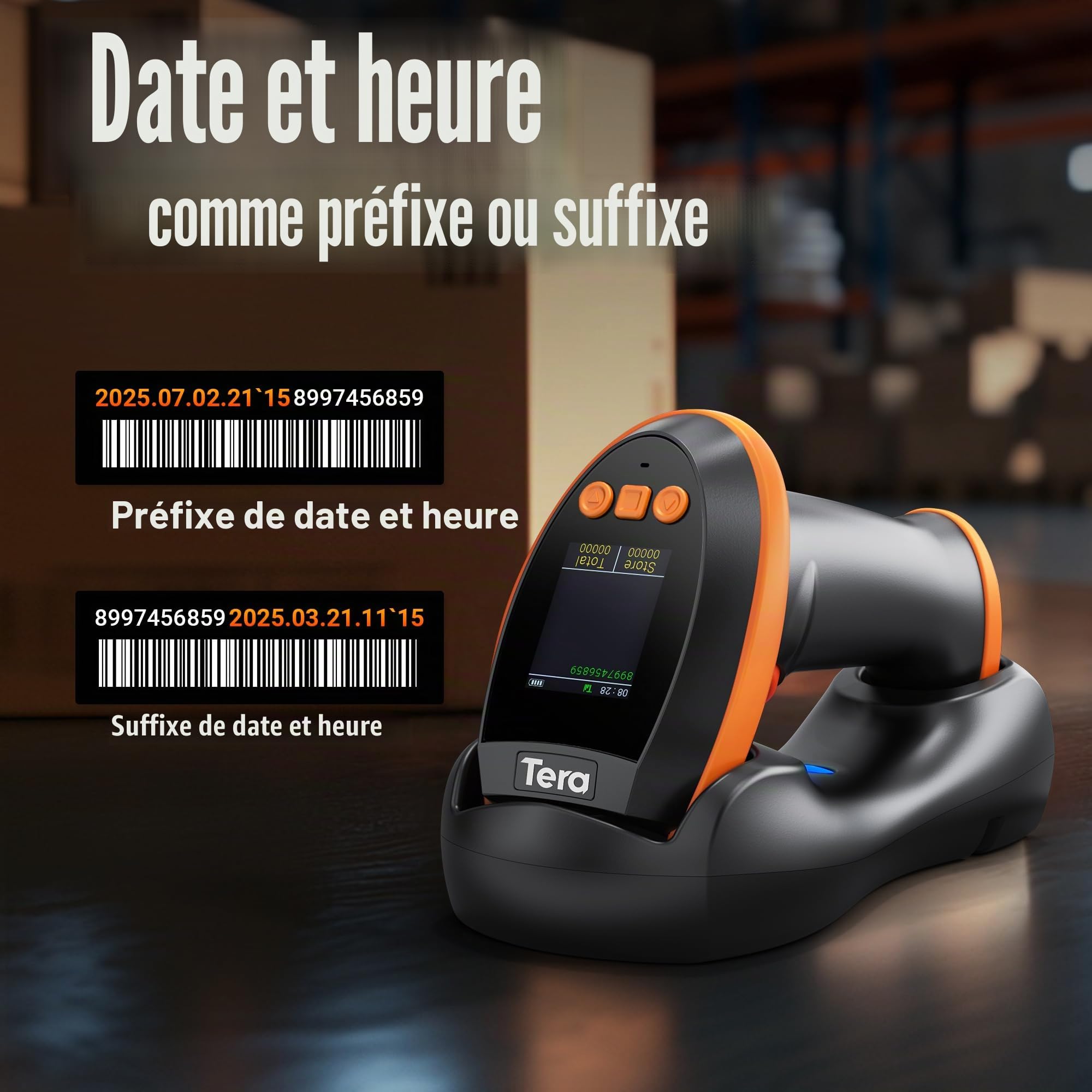 Tera Scanner de codes-barres avec écran de réglage numérique et clavier, version Pro, vitesse de numérisation extra rapide, fonctionne avec Bluetooth 2,4 G sans fil et USB filaire 1D 2D QR lecteur de