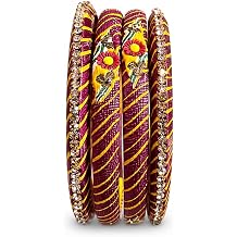Traditional Rajasthani Lac Bangle Set for Women Jaipuri Lahariya Lakh Chuda with Diamond Studded Design, Gold Crystal Embellished Ethnic Bangles, Handmade Indian Bridal Jewelry Set of 4.