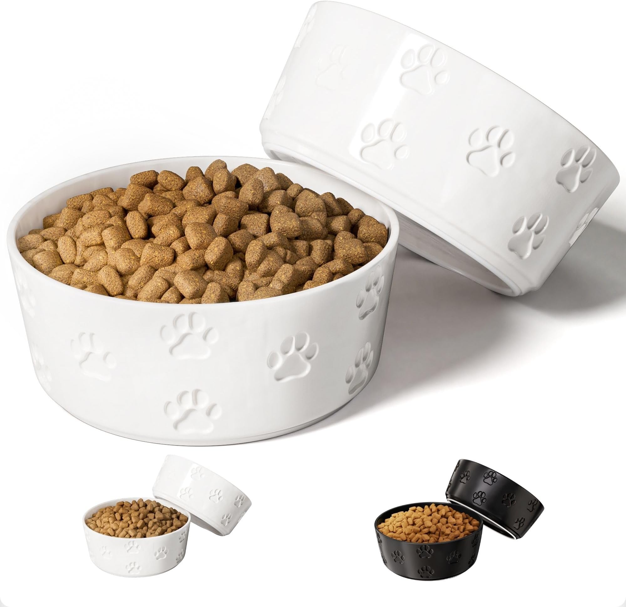 Ceramic Dog Bowl Set with Anti-Slip Rings - 7.5" Round x 3" Tall Set of 2 Ceramic Dog Bowls for Large Dogs - Dog Food and Water Bowl - White Dog Food Bowls - Dog Bowls for Medium Dogs - Cute Dog Bowls