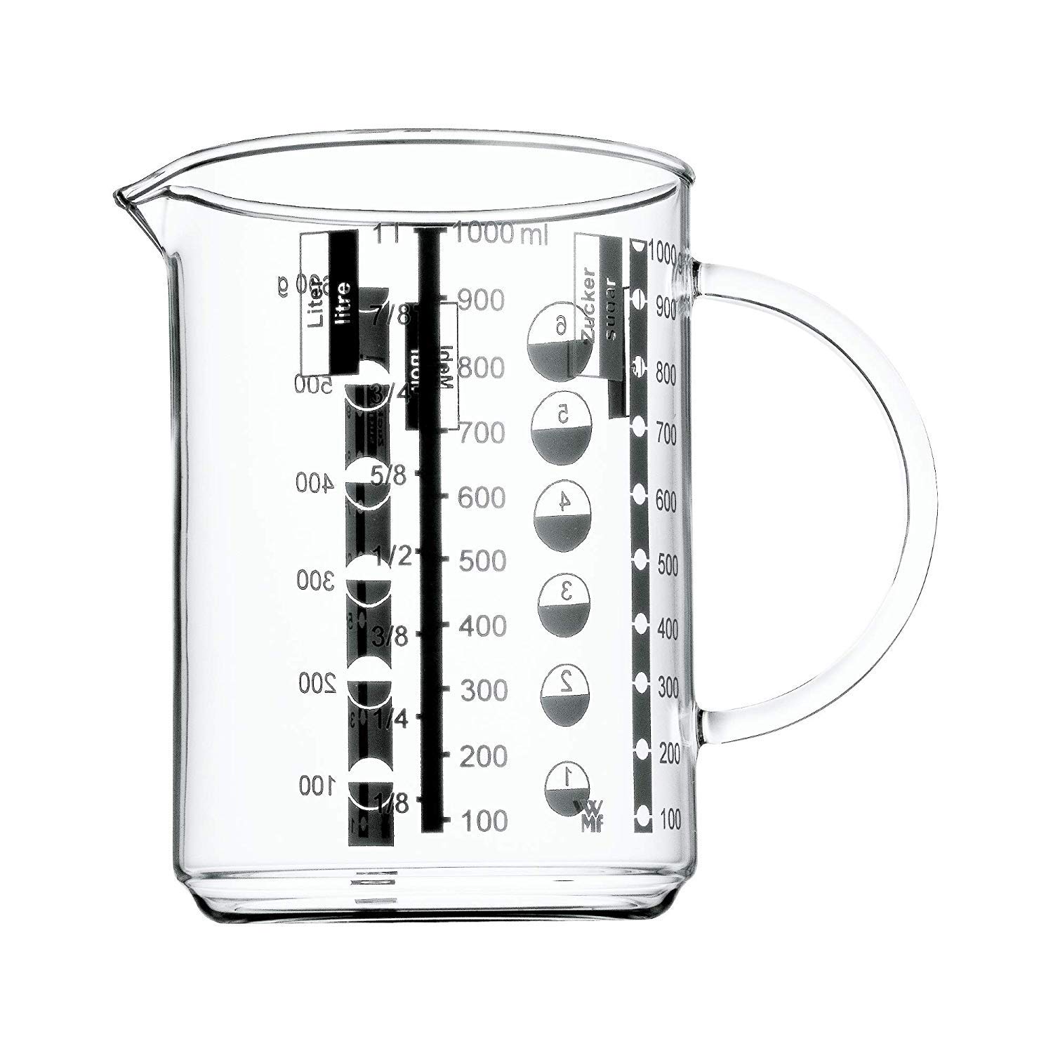 WMF Grand Gourmet Küchenschere 20 cm, Kapselheber, Schraubverschlussöffner, Cromargan Edelstahl & Gourmet Glas Messbecher 1,0l, hitzebeständiges Glas, Skalierung für Liter, Milliliter, Tassen