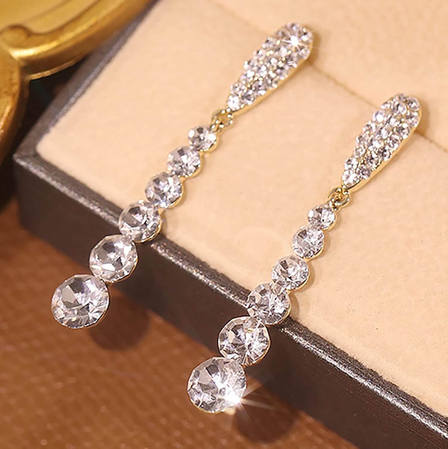 Vintage Long Rhinestone Drop Earrings Gold Cz Teardrop Stud Earrings Linear Crystal Dangle Earrings Sparkly Cz Tassel Chain Earrings Jewelry for Women - Image 3