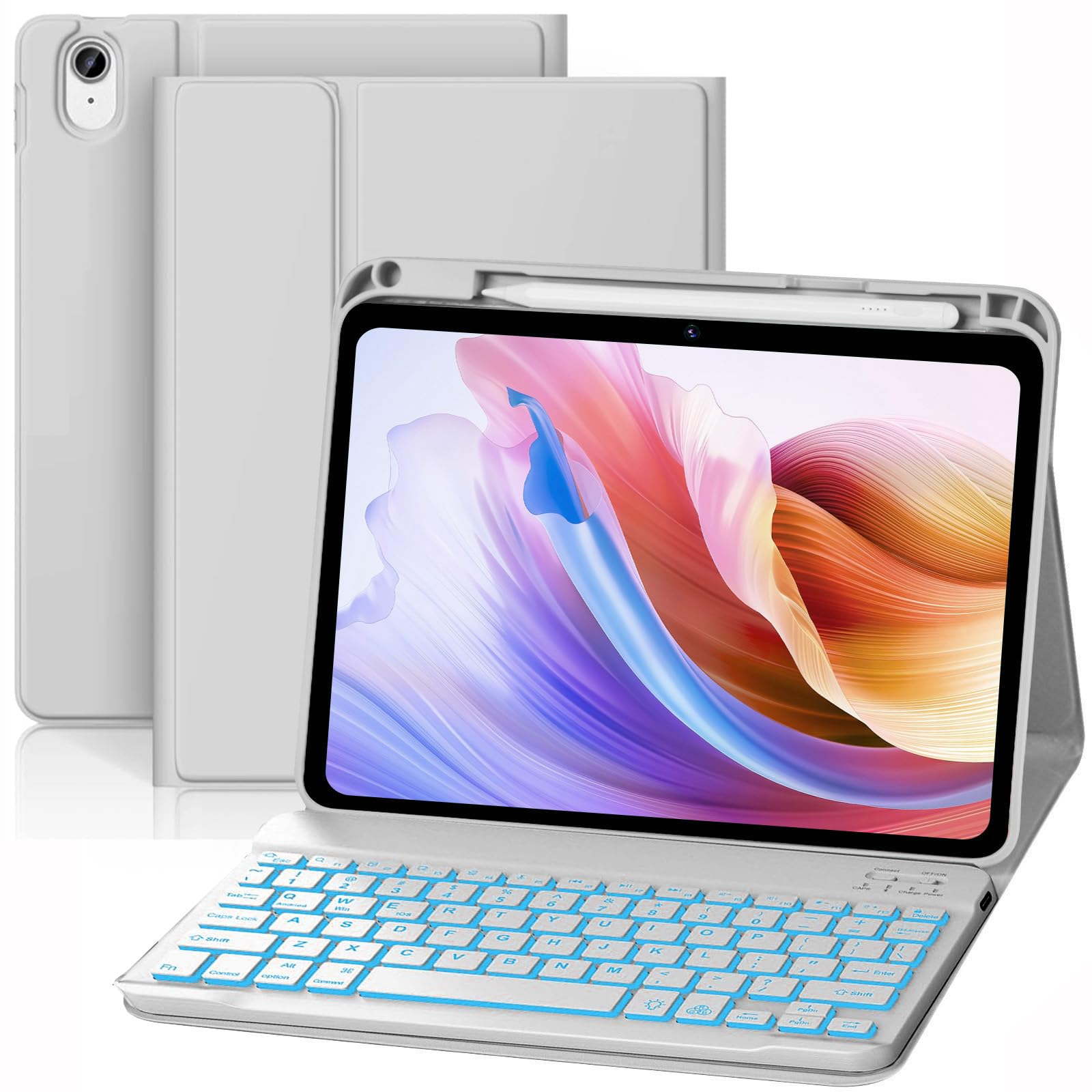 Hülle Tastatur für iPad (A16) 11./10. Generation (2025/2022), (11/10.9 Zoll) - QWERTZ, 7 Farben Beleuchtete, Magnetische Abnehmbar Bluetooth Tastatur, Soft TPU Rückseite Gehäuse mit Stifthalter (Gray)