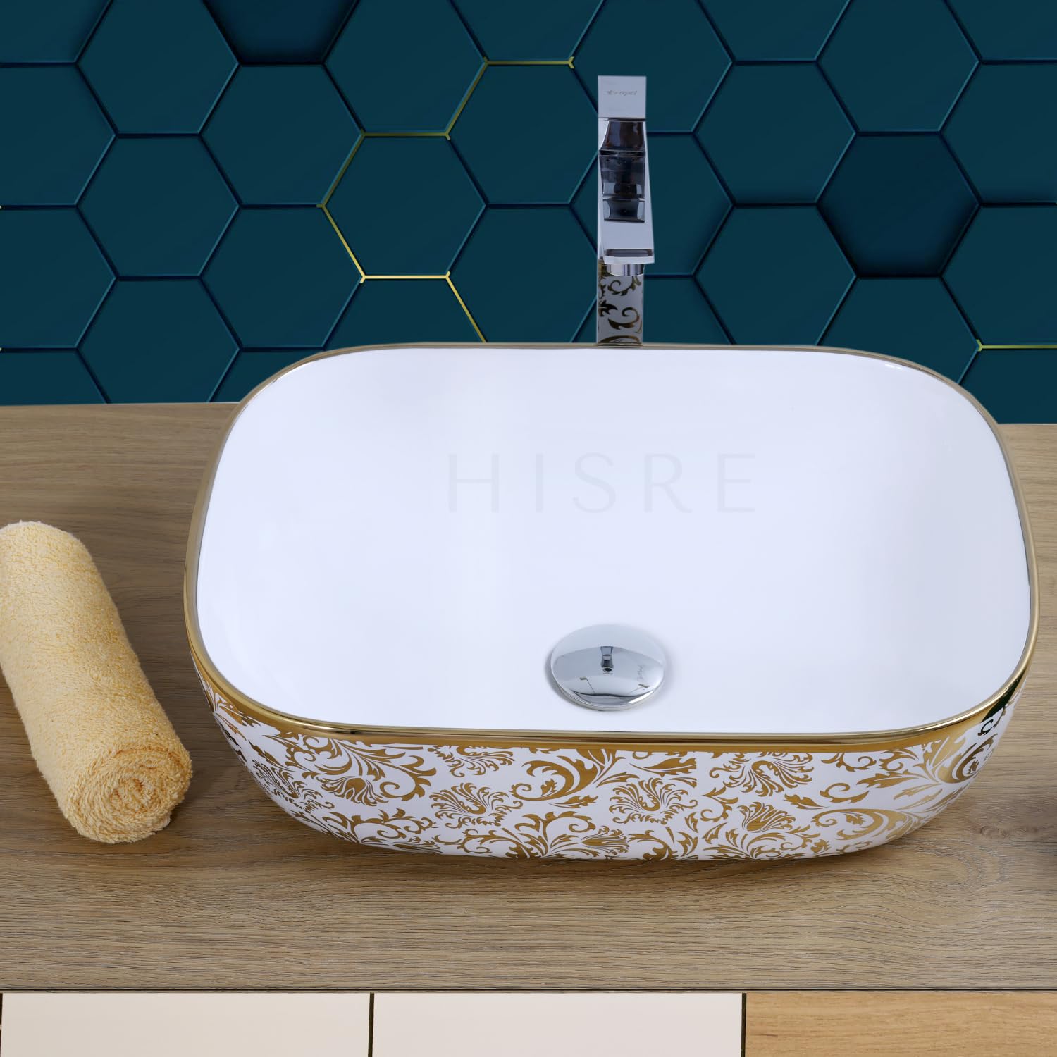HISRE Table Top Wash Basin For Bathroom | Over Counter Top Wash Basin For Living Room | Washbasin Countertop | Tabletop Ceramic Bathroom Kitchen Sink (Style_8) SKT STONE WHITE, photo 2 of 4